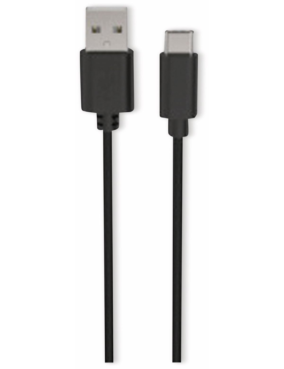 Cavo nero da USB a USB-C. Estremità USB-A a sinistra, USB-C a destra. Sfondo bianco.