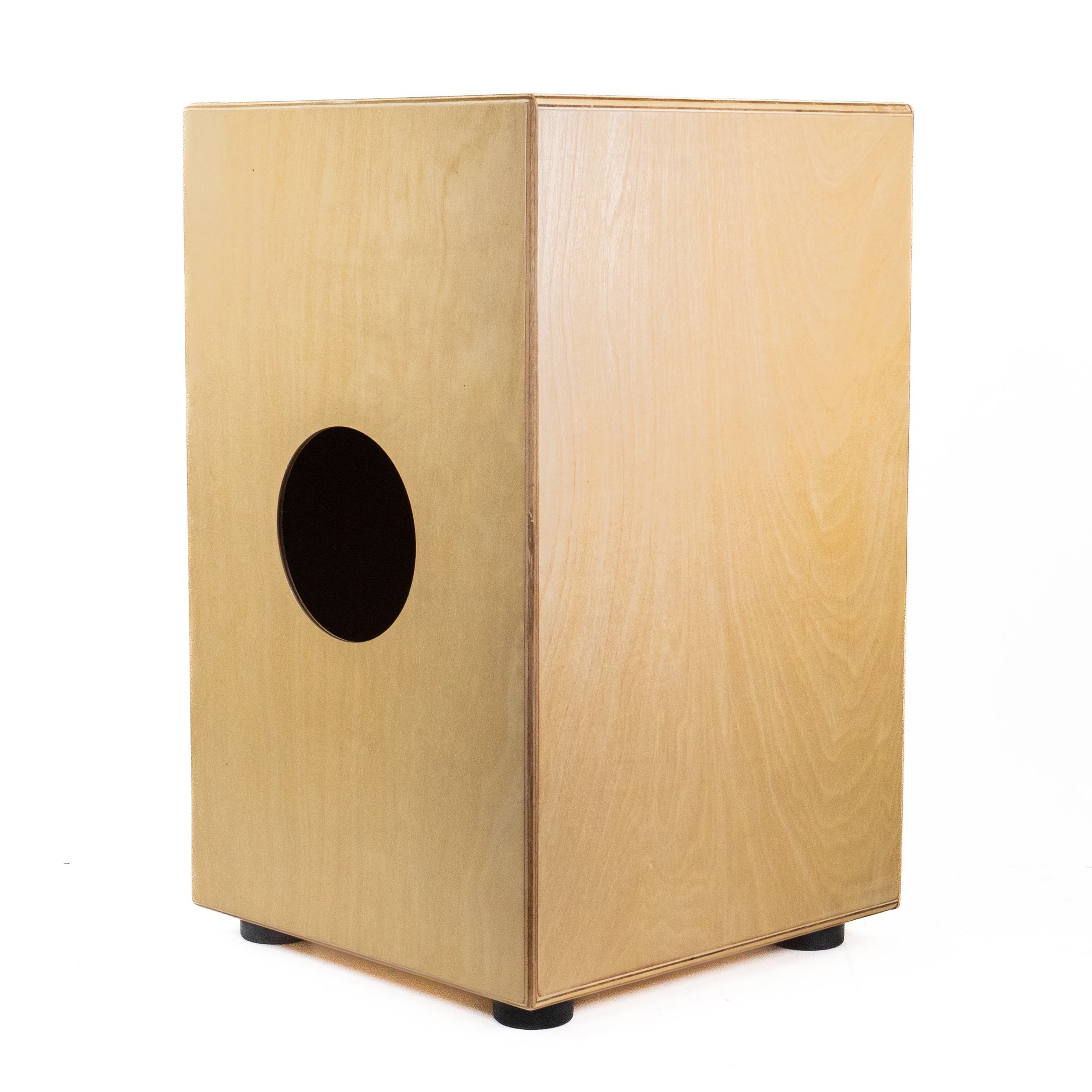 Eine Cajon-Trommel aus Holz mit rundem Schallloch vorne und schwarzen Füßen.
