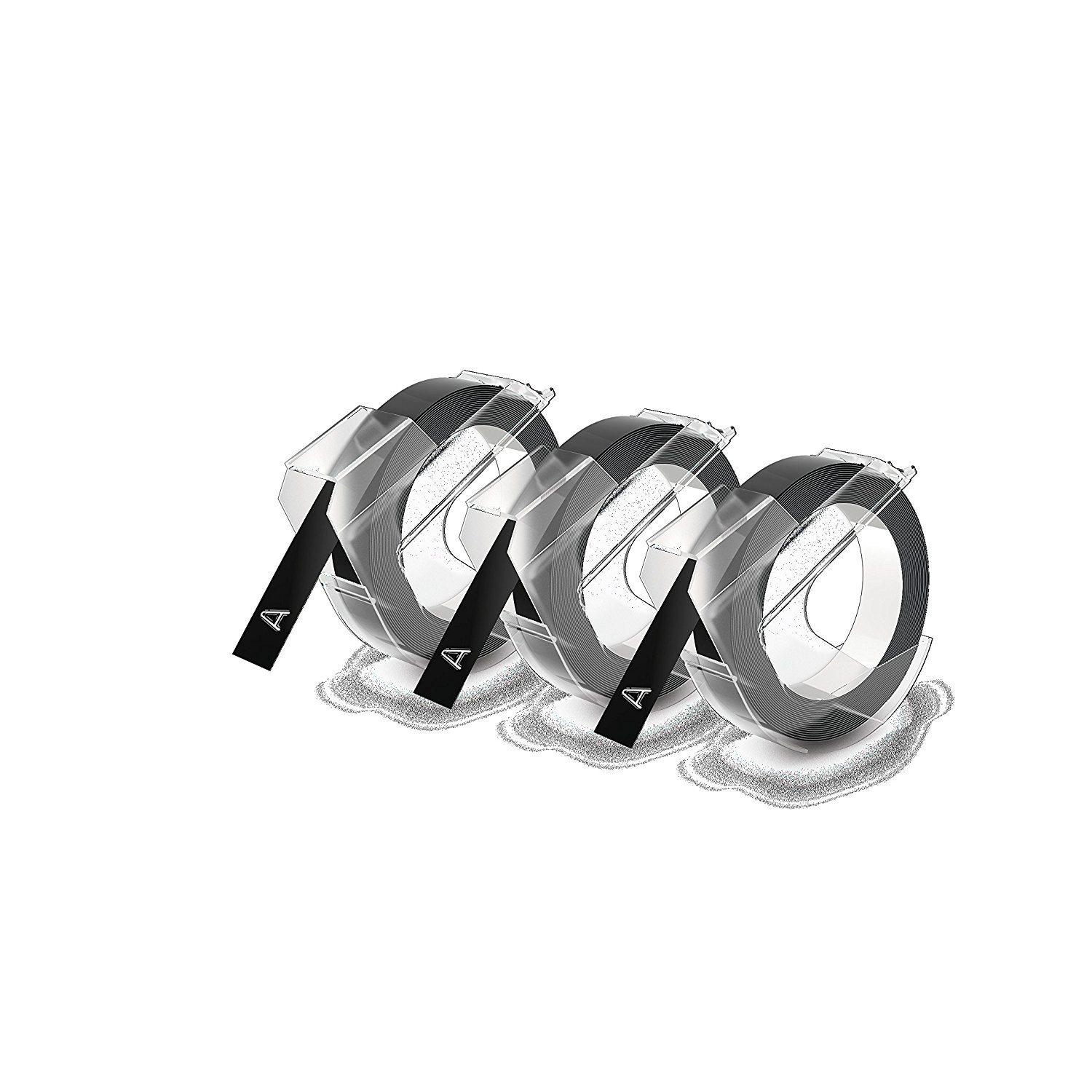 Drei Rollen schwarzes Klebeband in transparenten Spendern, vor weißem Hintergrund.