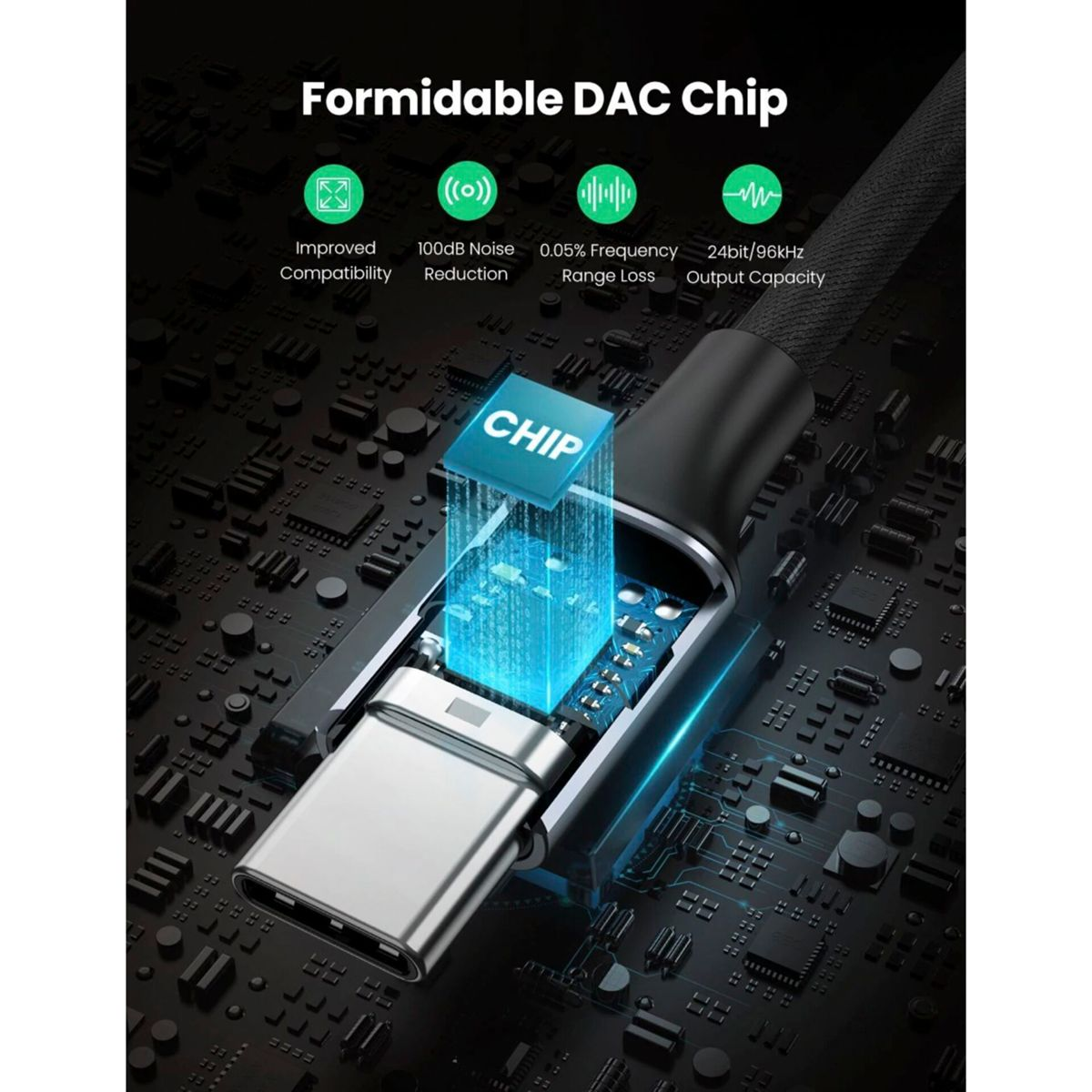 Zbliżenie srebrnego kabla USB-C z niebieską grafiką chipa i tekstem o ulepszonej kompatybilności.