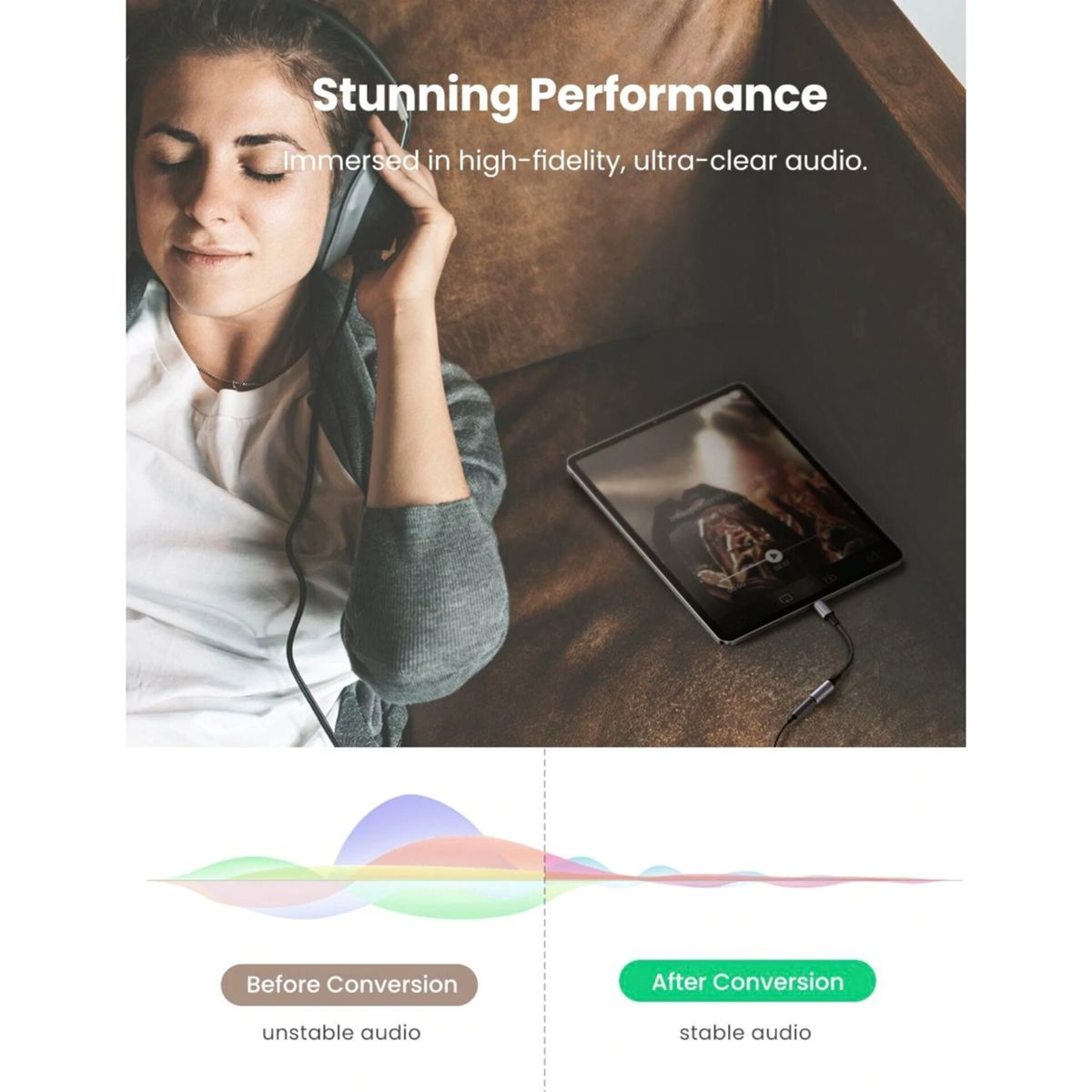 Kobieta słucha muzyki w słuchawkach, obok tabletu, pokazując przebiegi dźwięku.