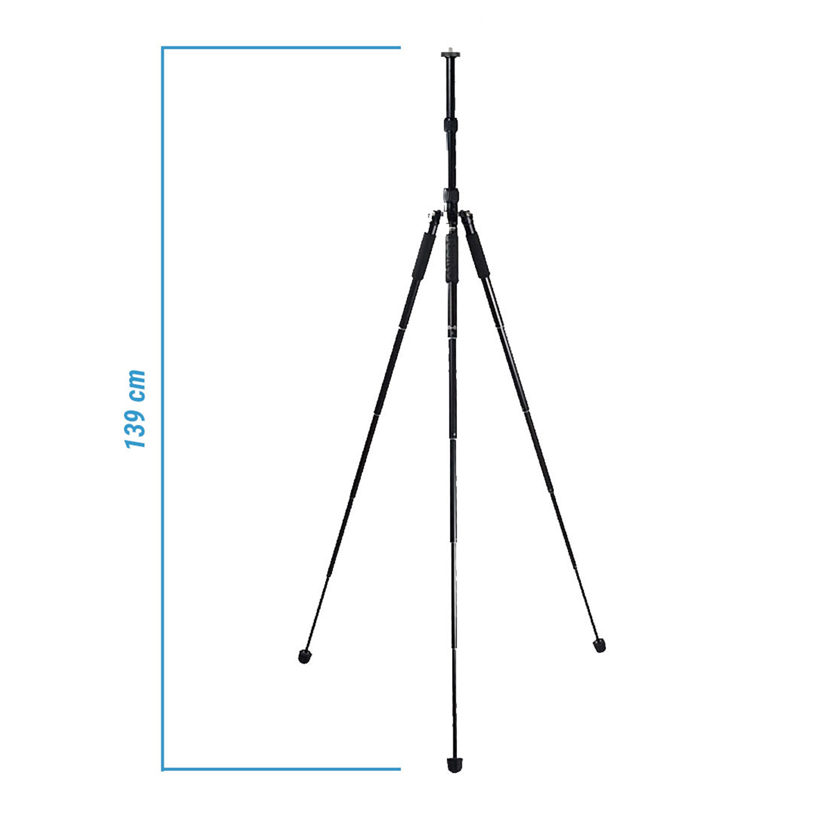 Schwarzes Stativ mit ausgeklappten Beinen, misst 139 cm, vor weißem Hintergrund.