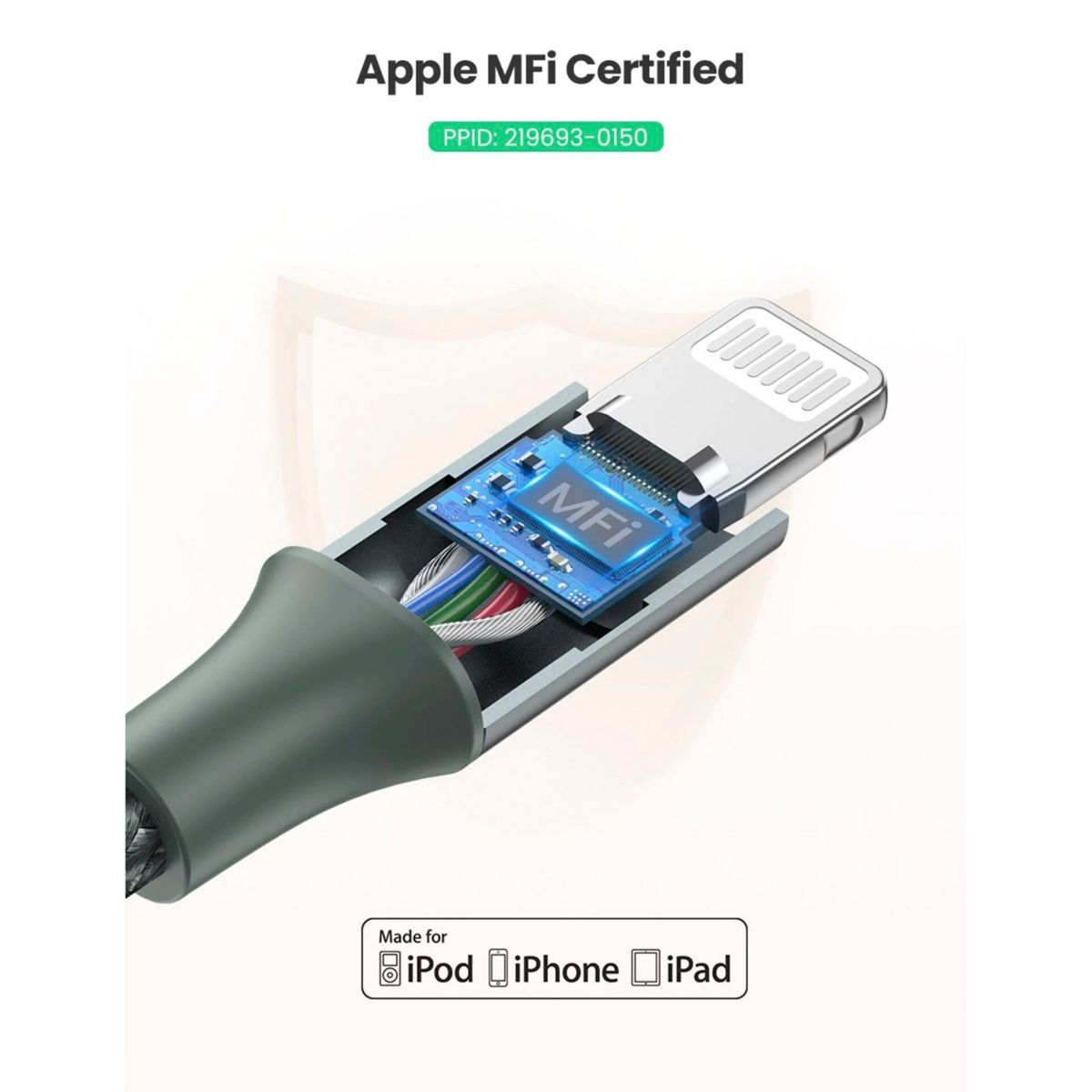 Zbliżenie kabla ładującego iPhone z certyfikatem MFI i złączem Lightning.