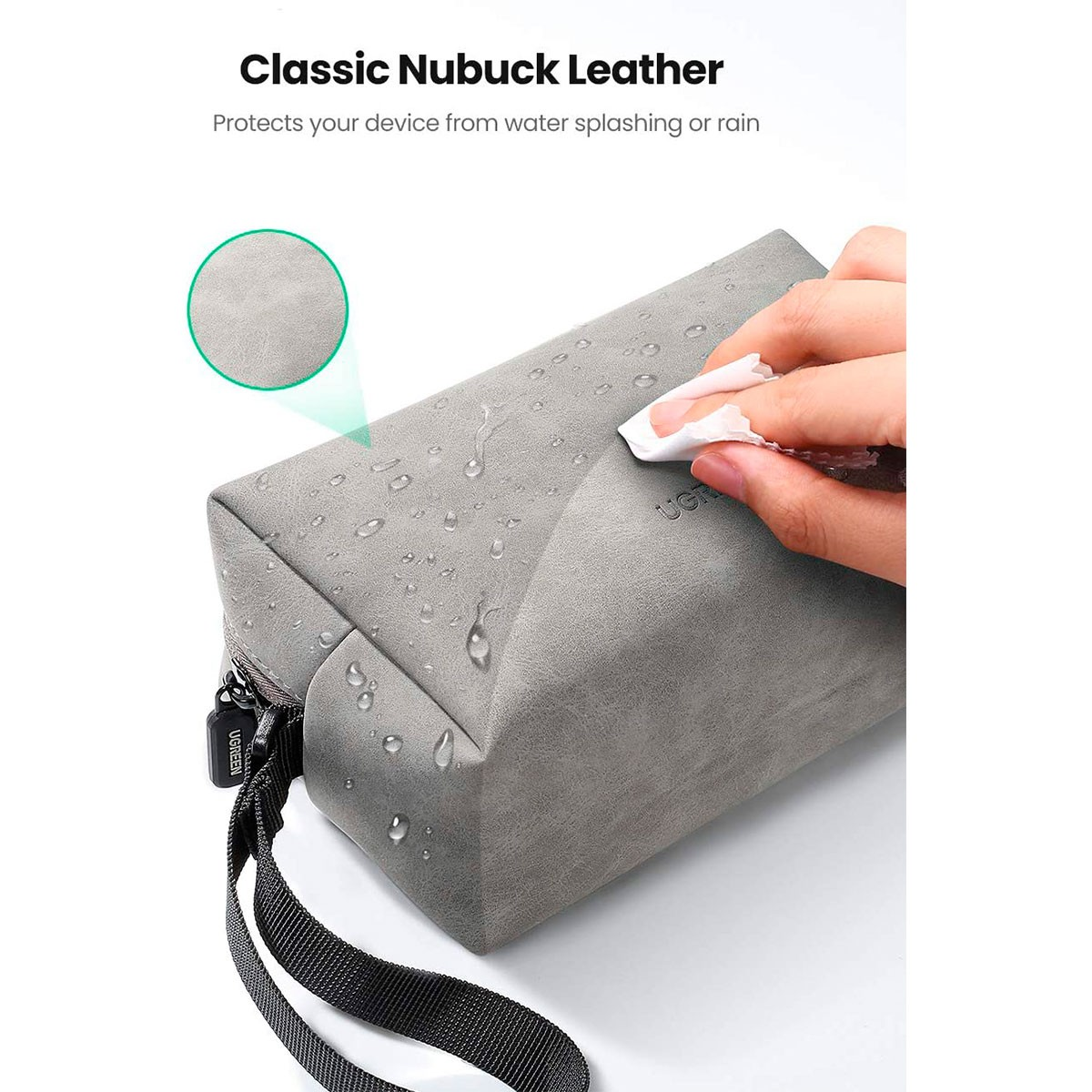 Szara saszetka z napisem 'Classic Nubuck Leather' i kroplami wody, wycierana ściereczką.