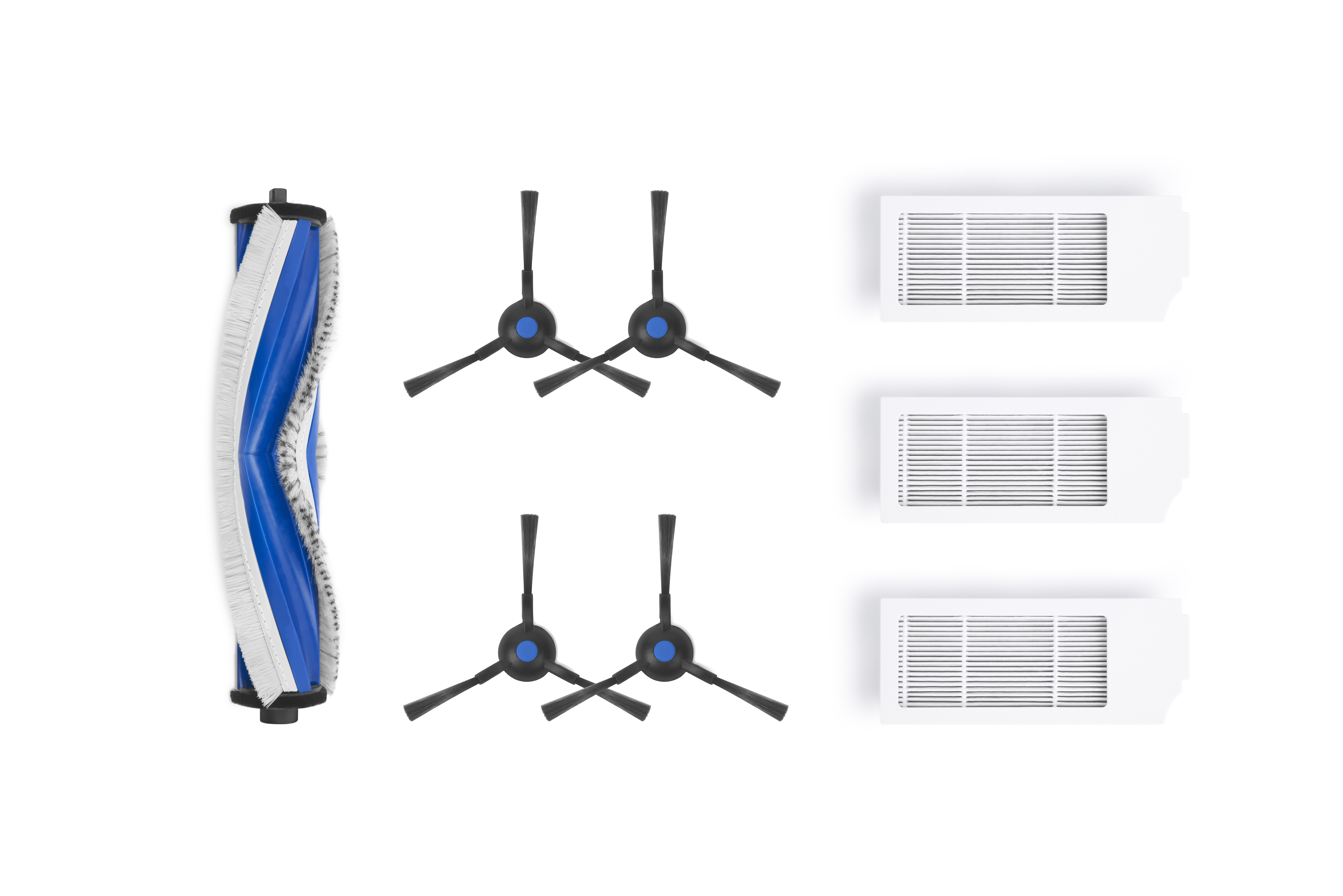Części robota sprzątającego, w tym szczotki i filtry, na białym tle.