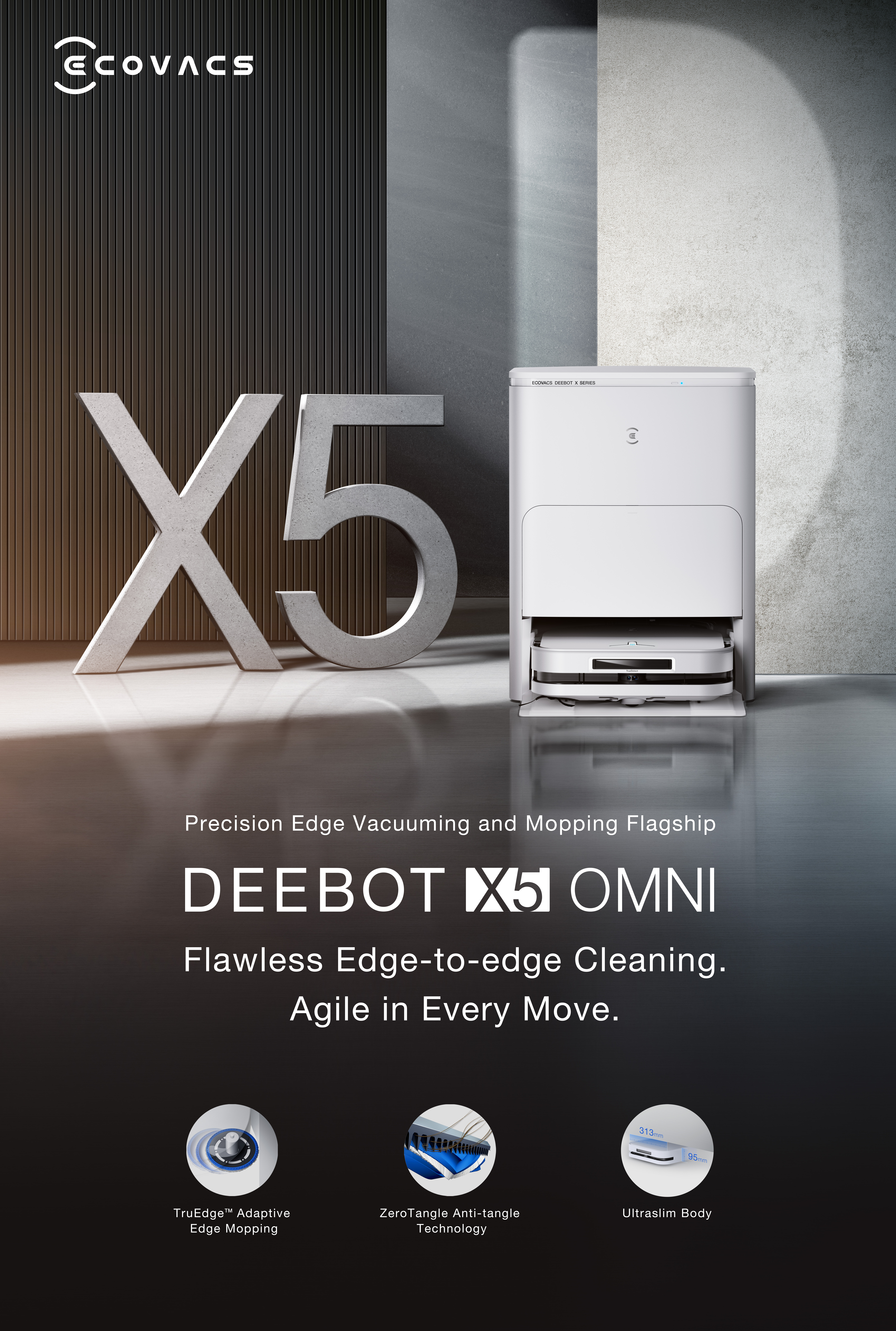 Biały robot sprzątający z napisem "X5" i tekstem reklamowym.