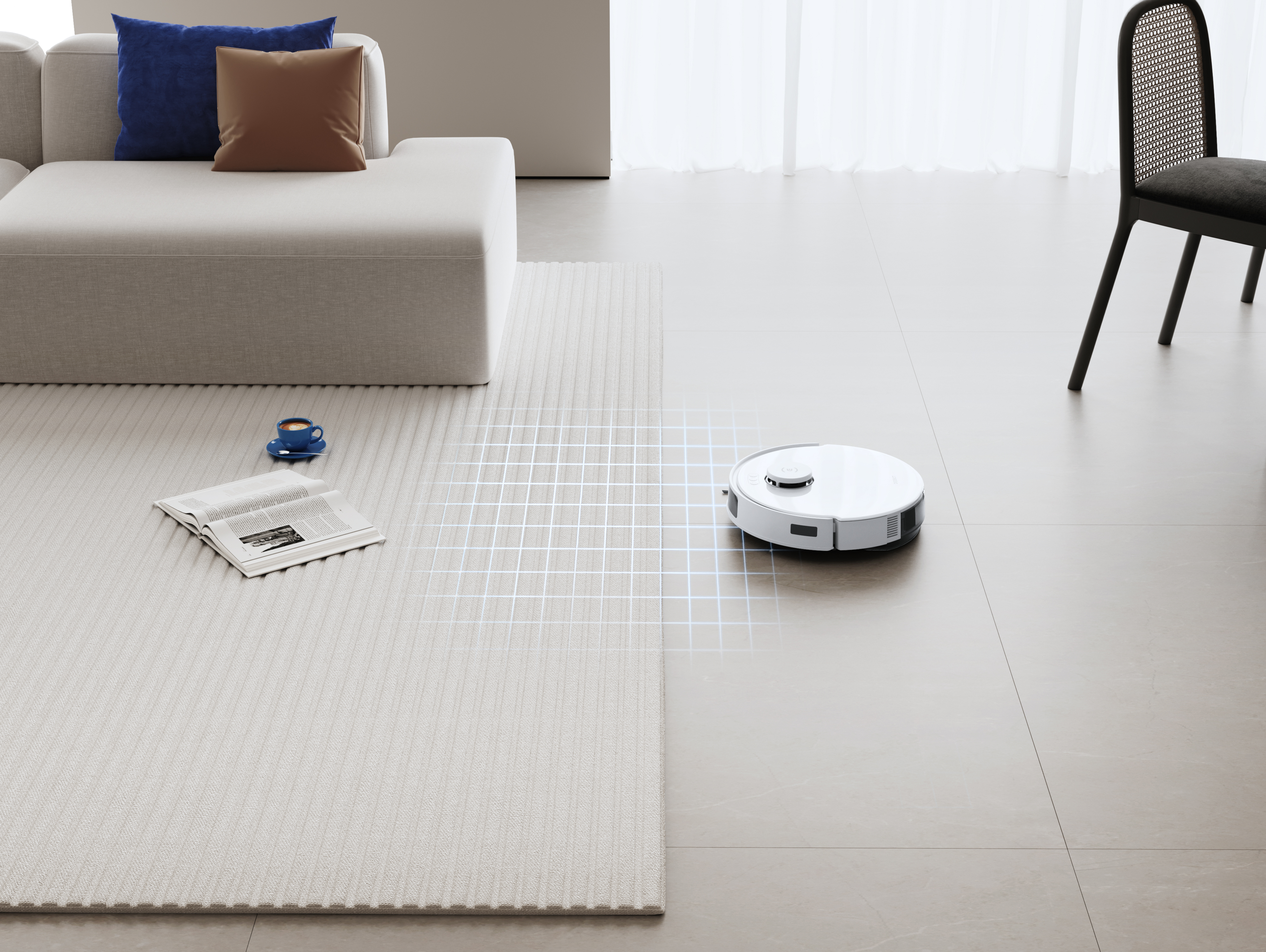 Robot sprzątający odkurza pokój. Dywan po lewej, podłoga czysta po prawej.