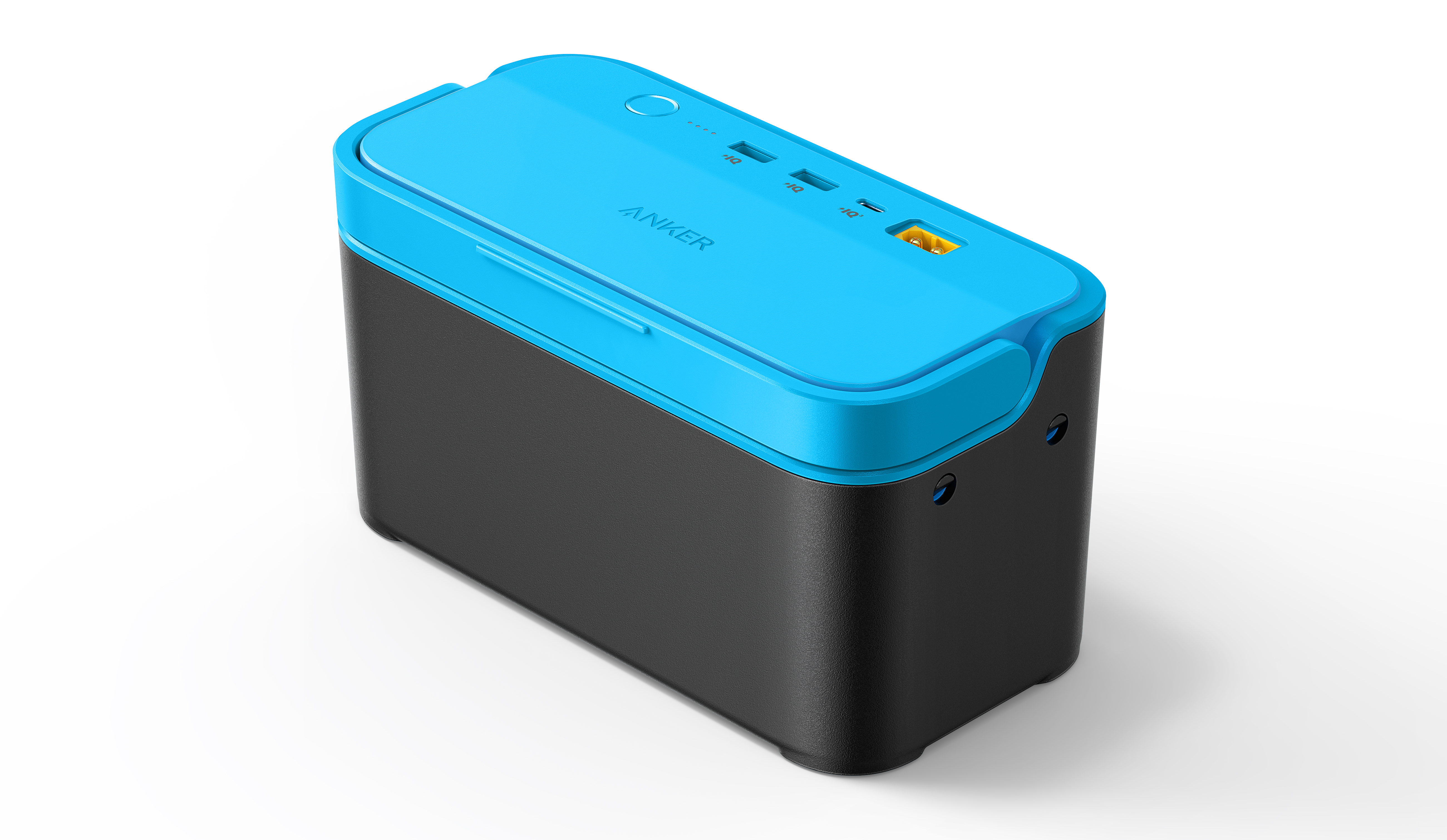 Power bank Anker blu e nero con porte sulla parte superiore, angolato su sfondo bianco.