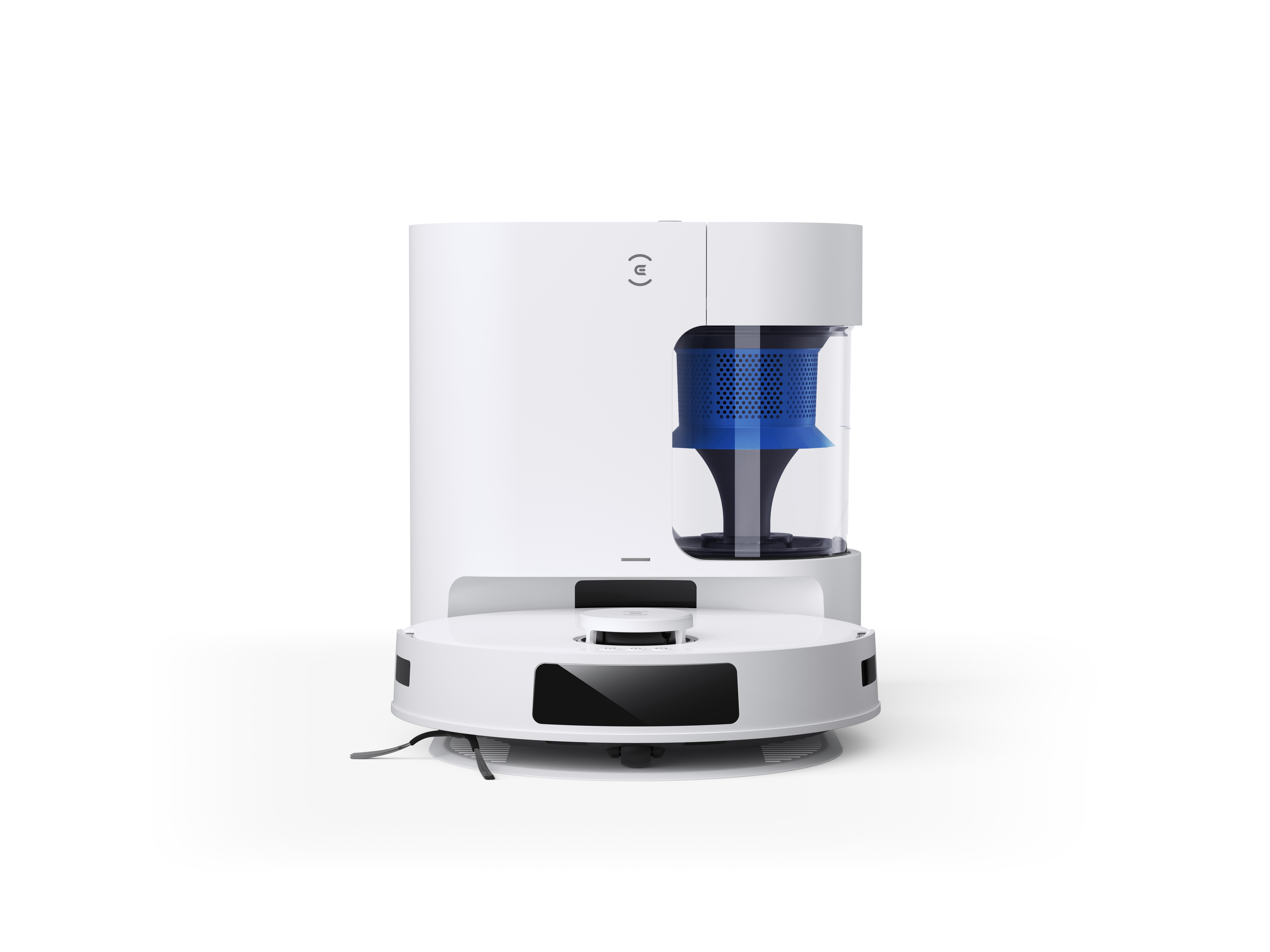 Biały odkurzacz robot z przezroczystym pojemnikiem i szczotką do czyszczenia.