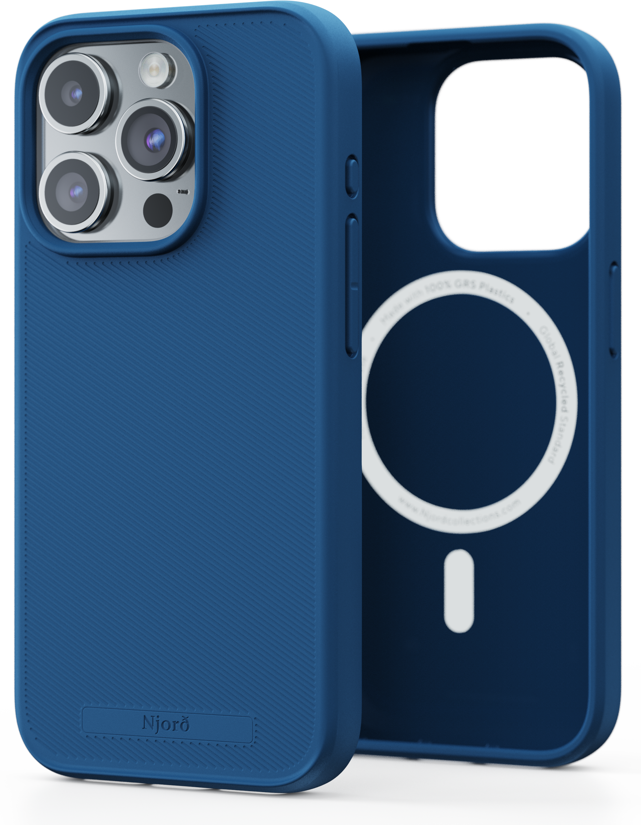 Una custodia blu per telefono, con una parte anteriore strutturata. L'interno è bianco con un'area magnetica circolare.