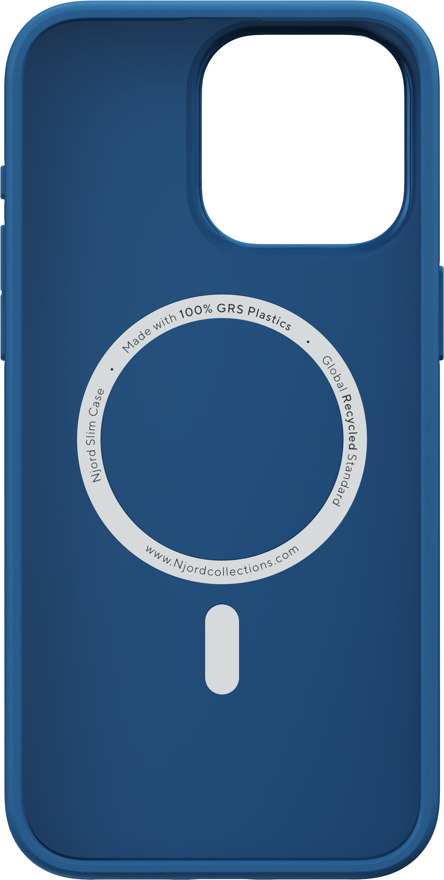 Custodia per telefono blu con logo circolare bianco e rettangolo bianco in basso.