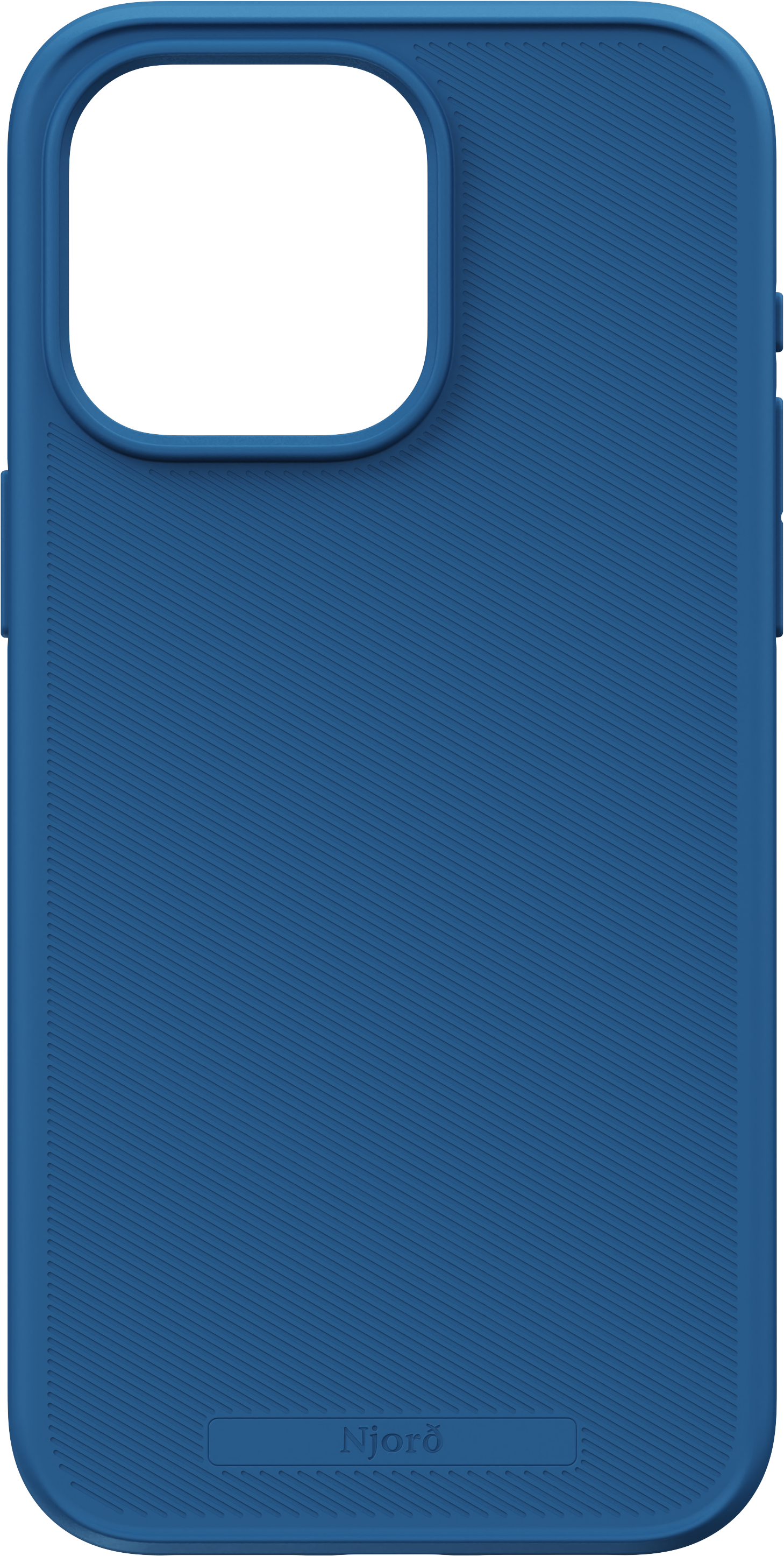 Custodia blu per telefono con superficie strutturata e marchio 'Njorð' in basso.