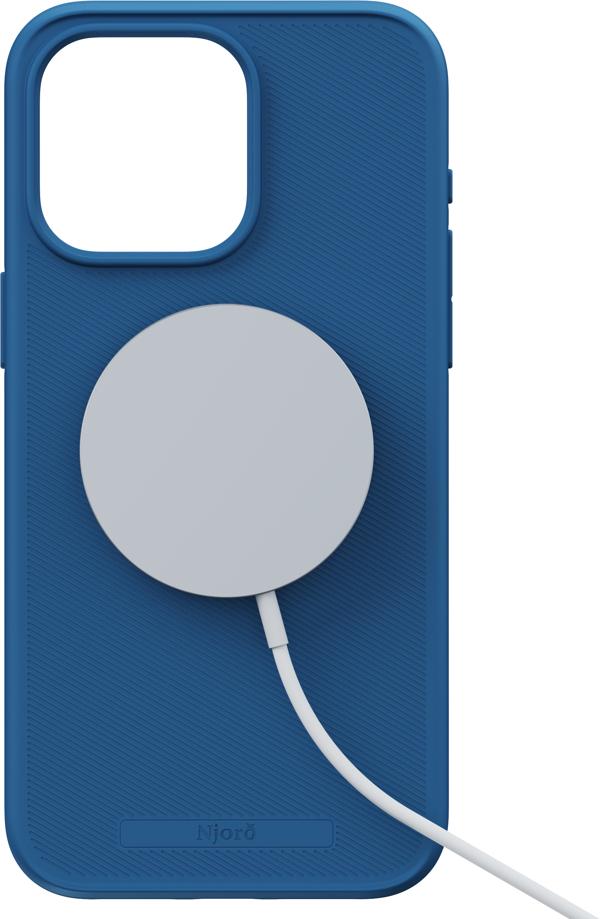Una custodia blu per telefono con un caricabatterie wireless grigio circolare attaccato.