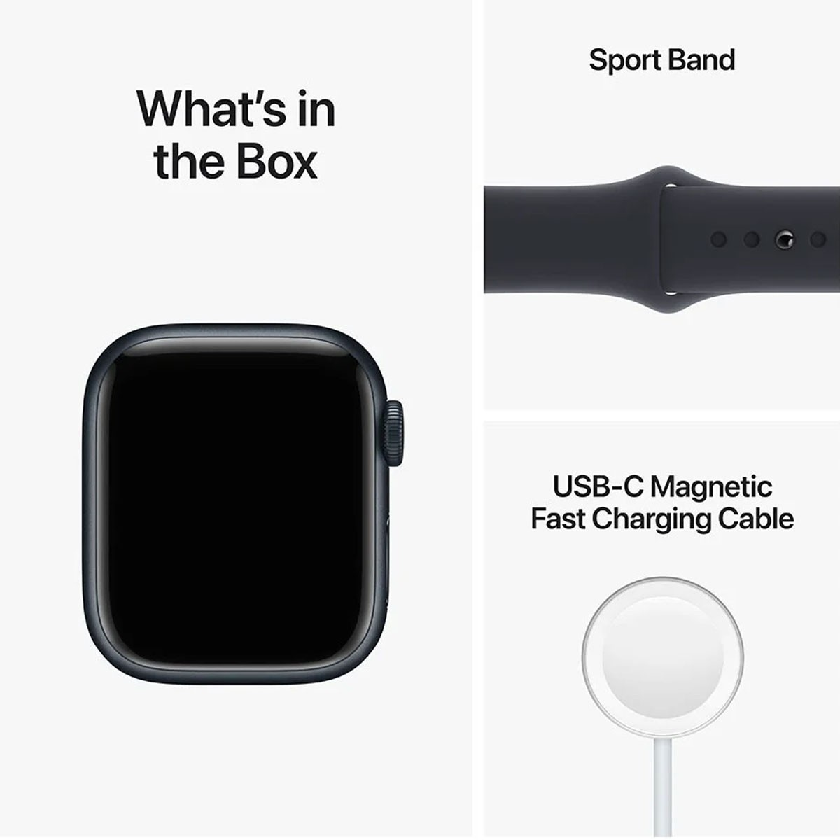 Apple Watch, correa deportiva y cable de carga. El reloj tiene una pantalla negra y está en una caja.