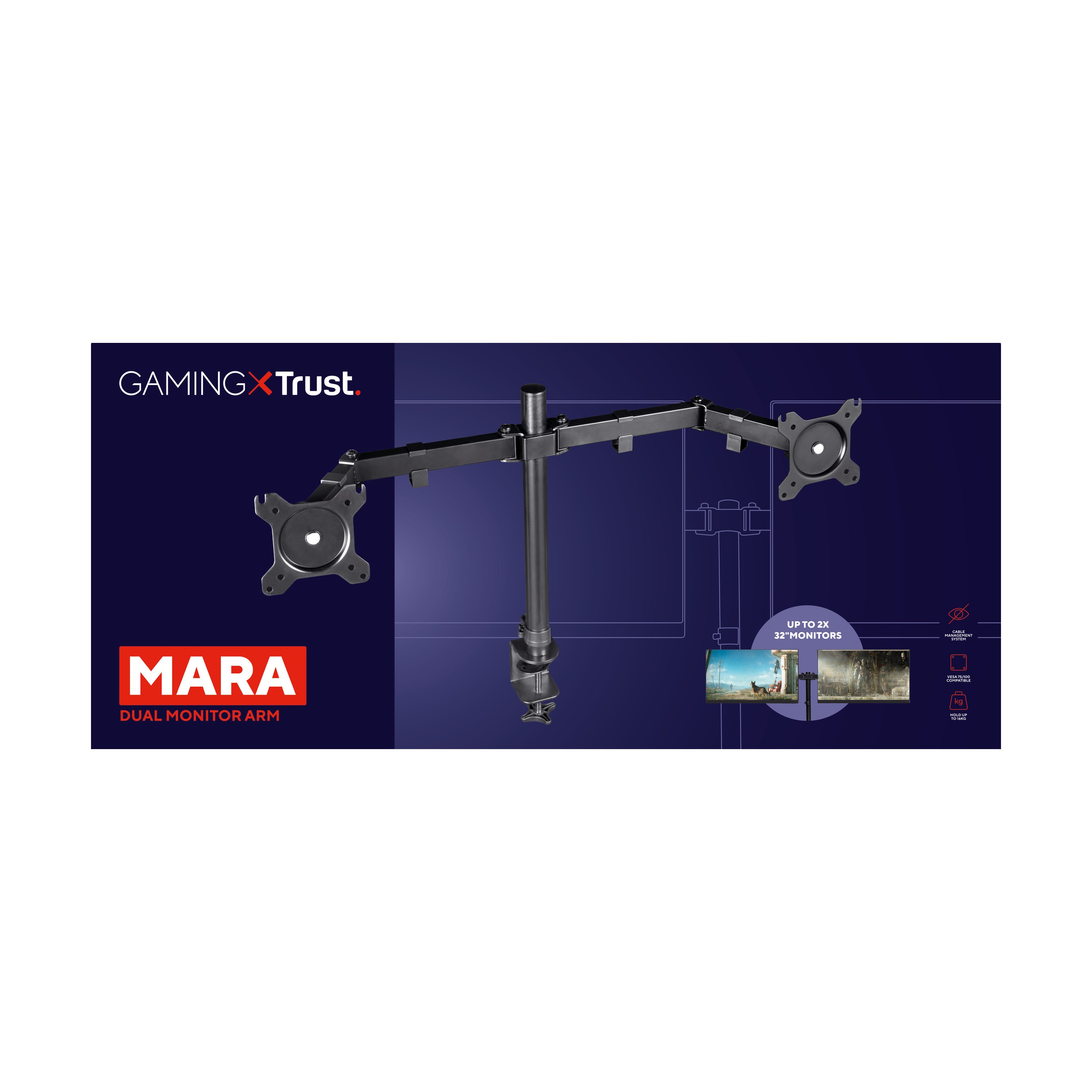 Een dubbele monitorarm wordt getoond, met de merknaam 'GAMING X Trust'.
