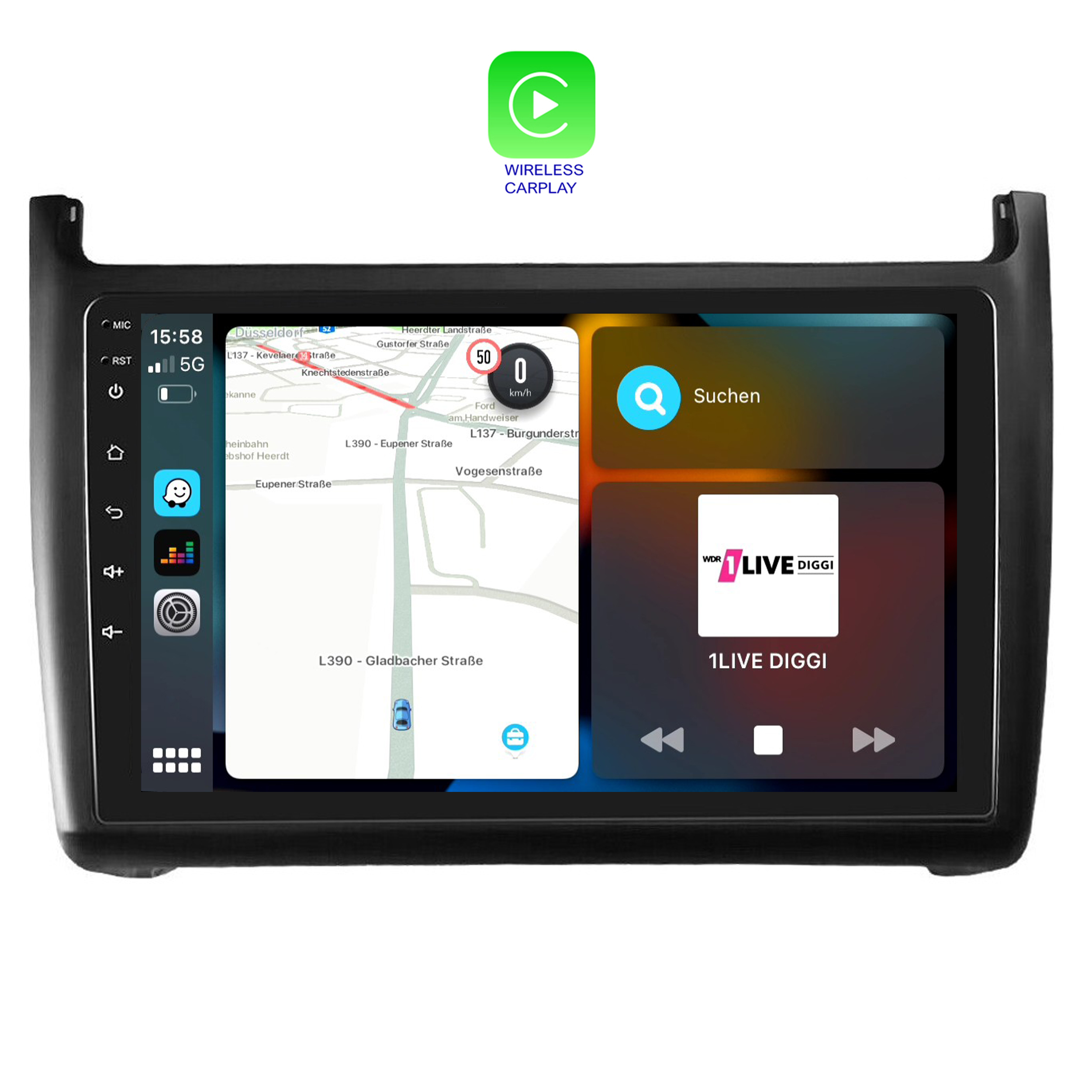 Autoradio mit Navigationskarte und App-Symbolen. Mit Wireless CarPlay Logo.