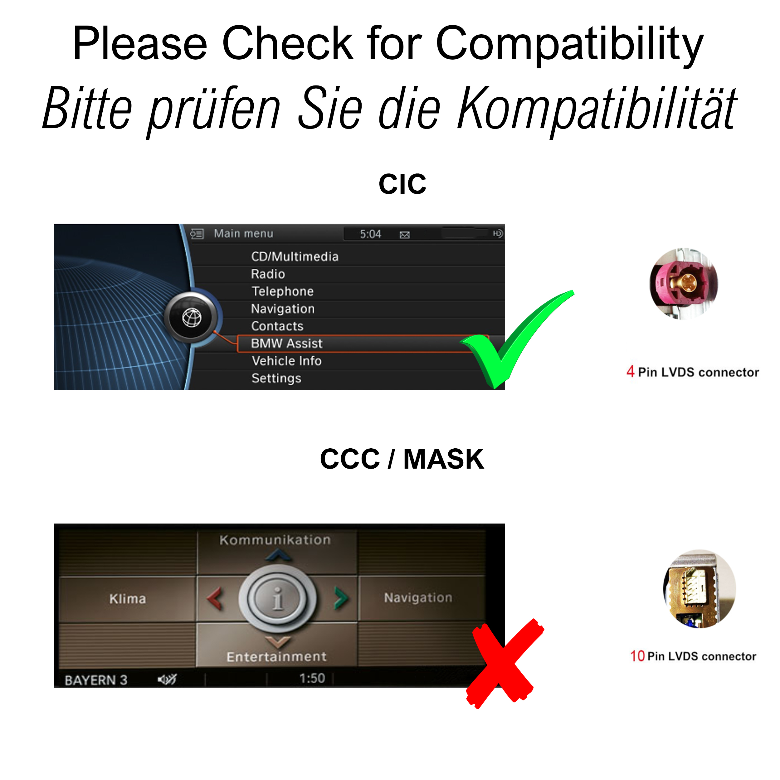 Bildschirme mit Auto-Multimedia-Oberflächen, einer mit Häkchen, einer mit X.