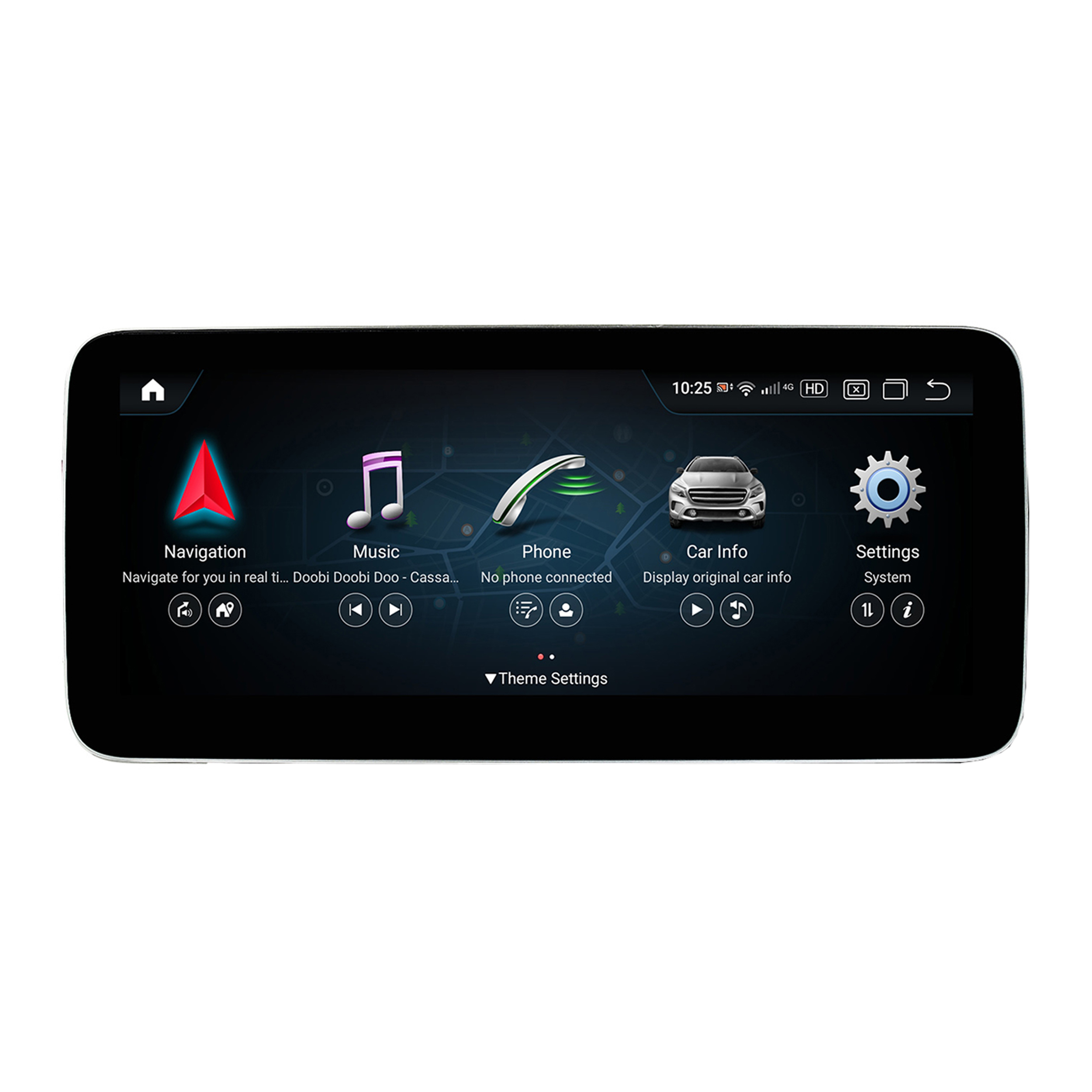 Auto-Dashboard-Bildschirm zeigt Navigation, Musik, Telefon und Auto-Info-Symbole und Einstellungen.