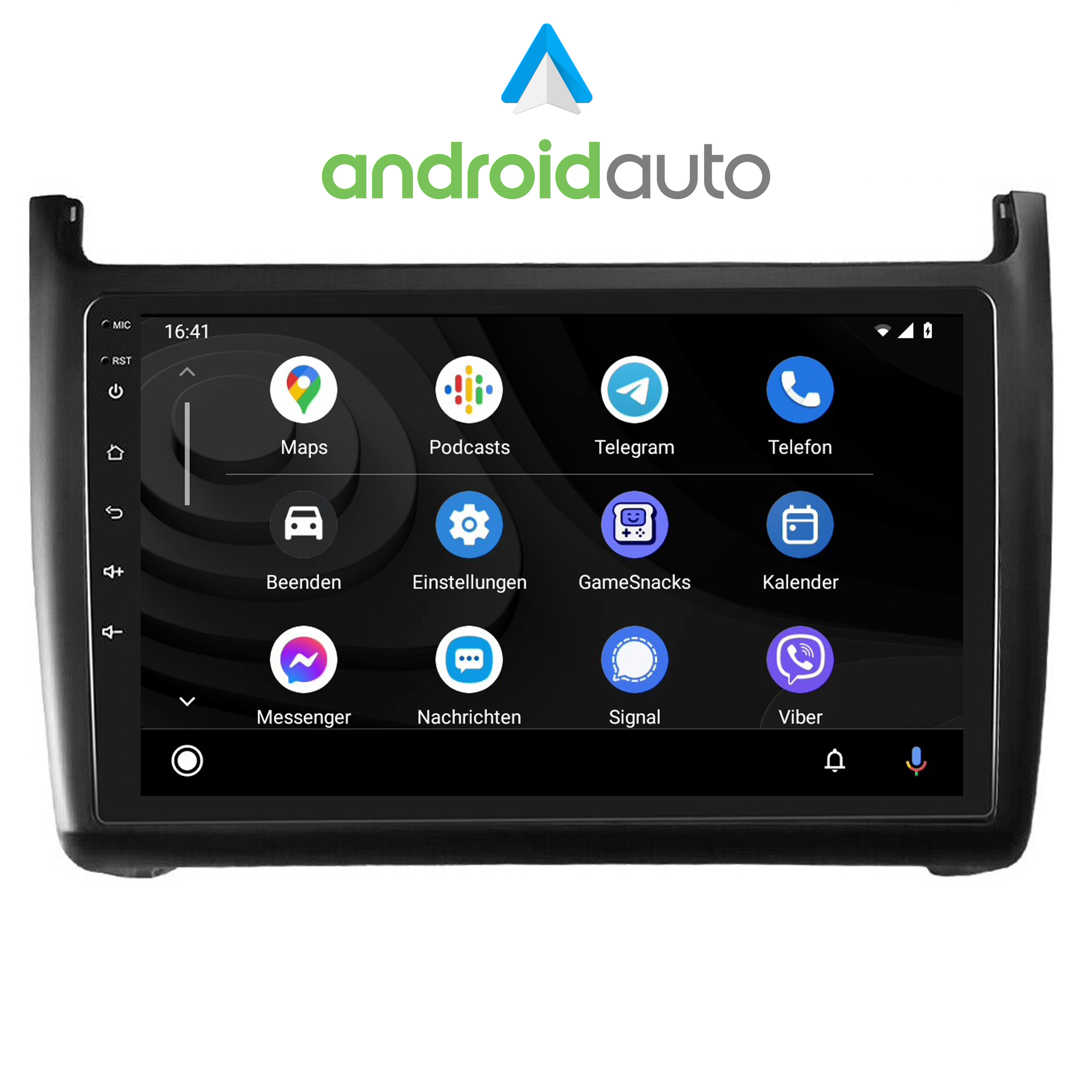 Ein schwarzes Autoradio mit Touchscreen, der App-Symbole anzeigt. Android Auto Logo.