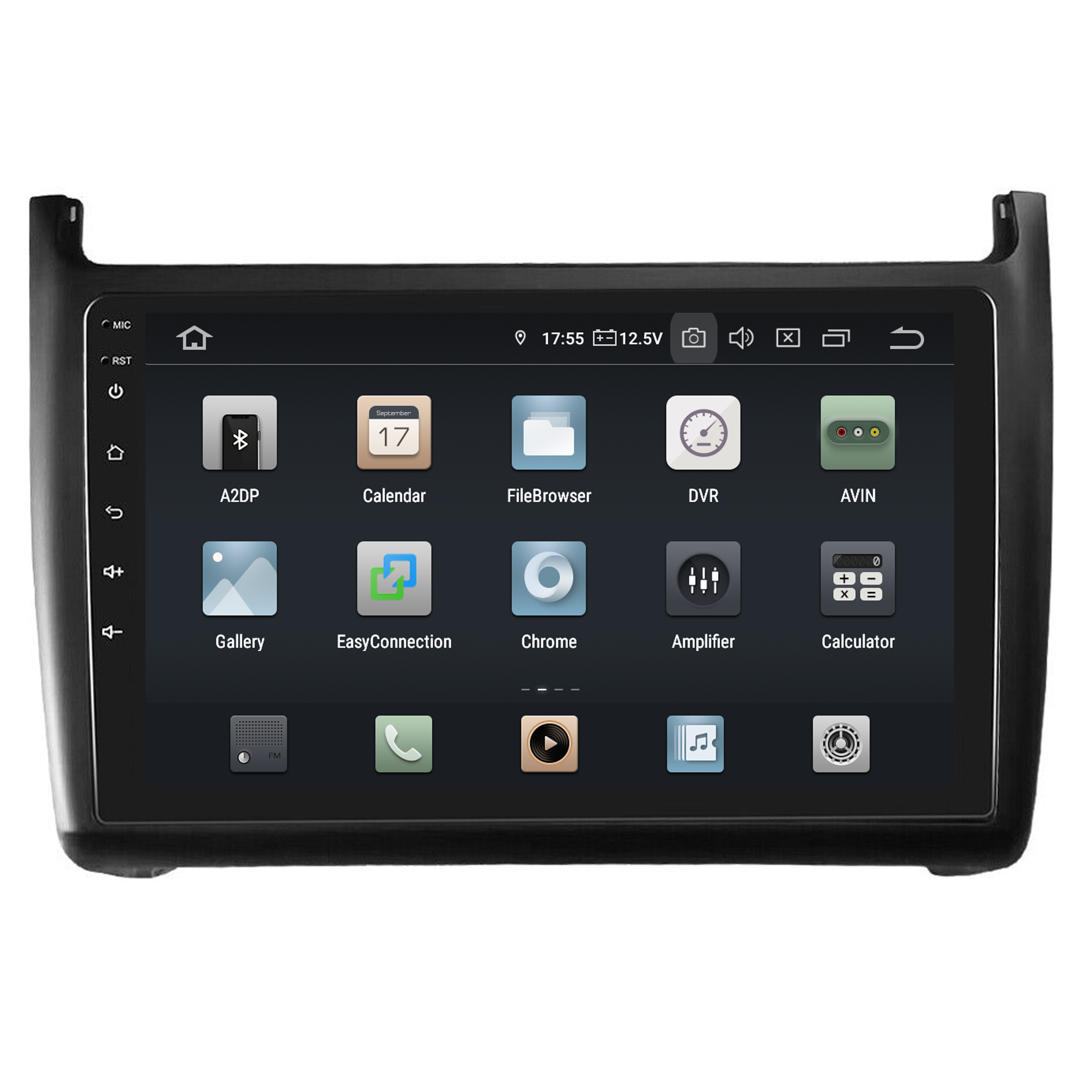 Bildschirm des Navigationssystems im Auto. Mehrere App-Symbole werden auf dem Bildschirm angezeigt.
