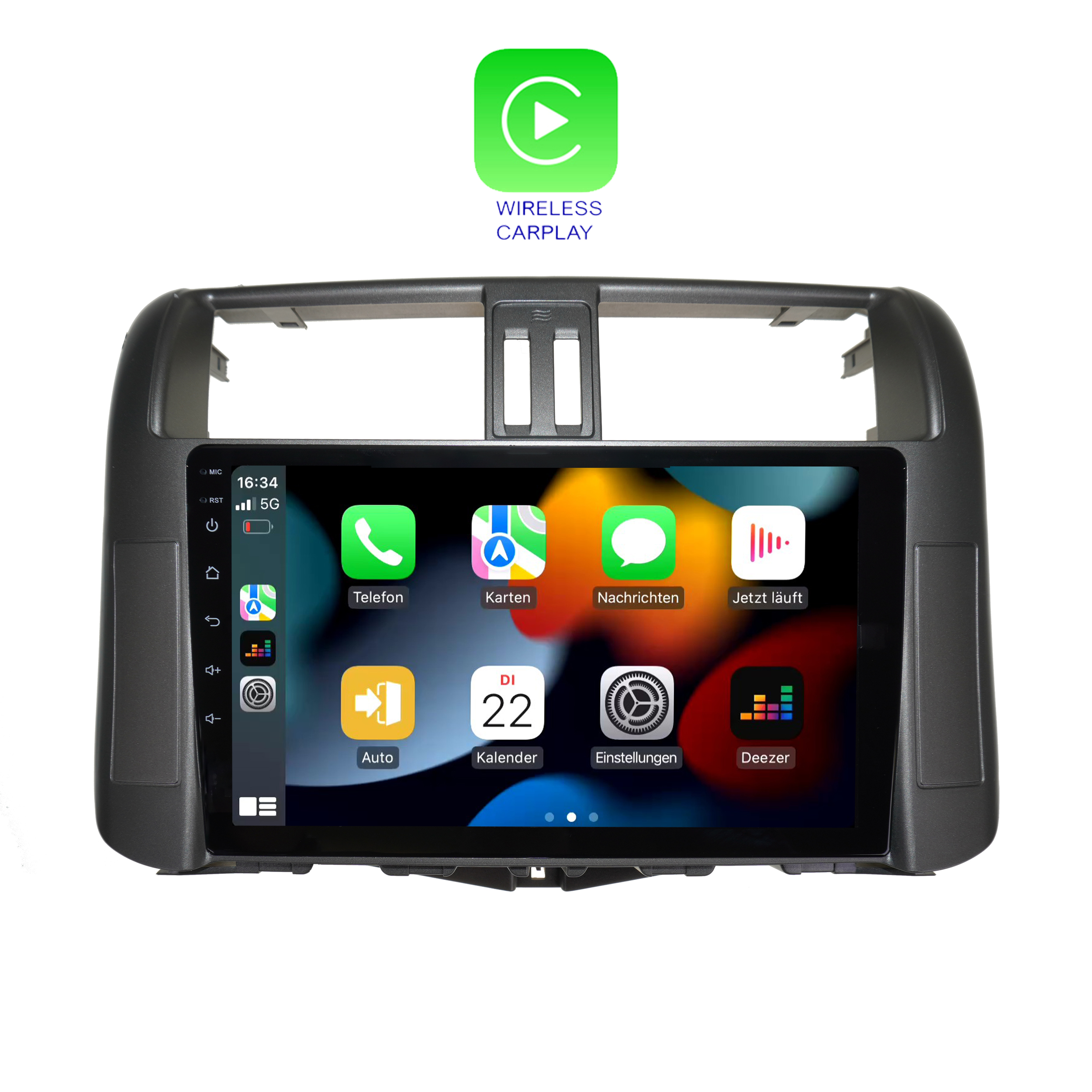 Auto-Infotainment-Bildschirm mit App-Symbolen. Wireless CarPlay-Logo. Weißer Hintergrund.