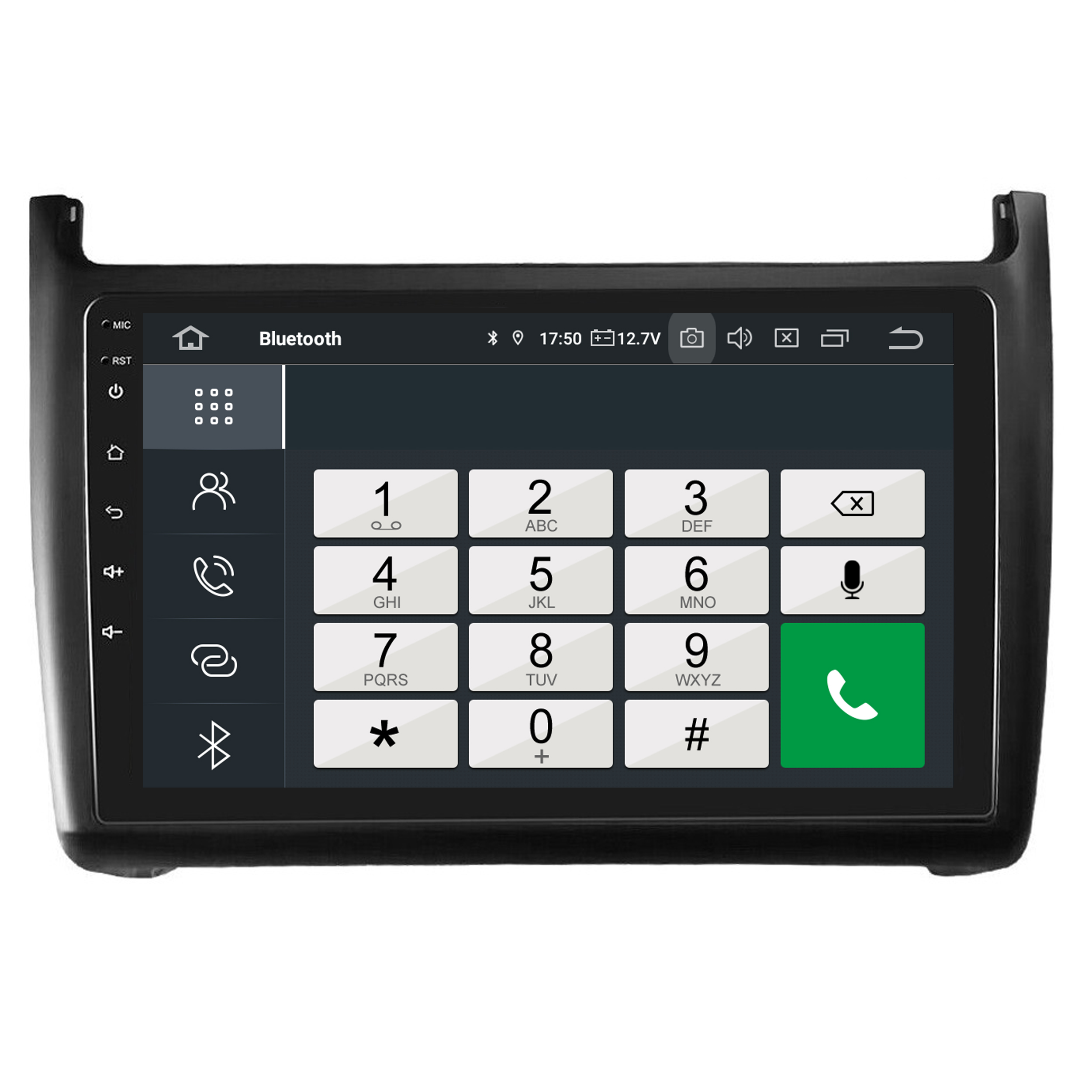 Ein Autoradio mit großem Touchscreen, das eine Telefontastatur und Symbole anzeigt.