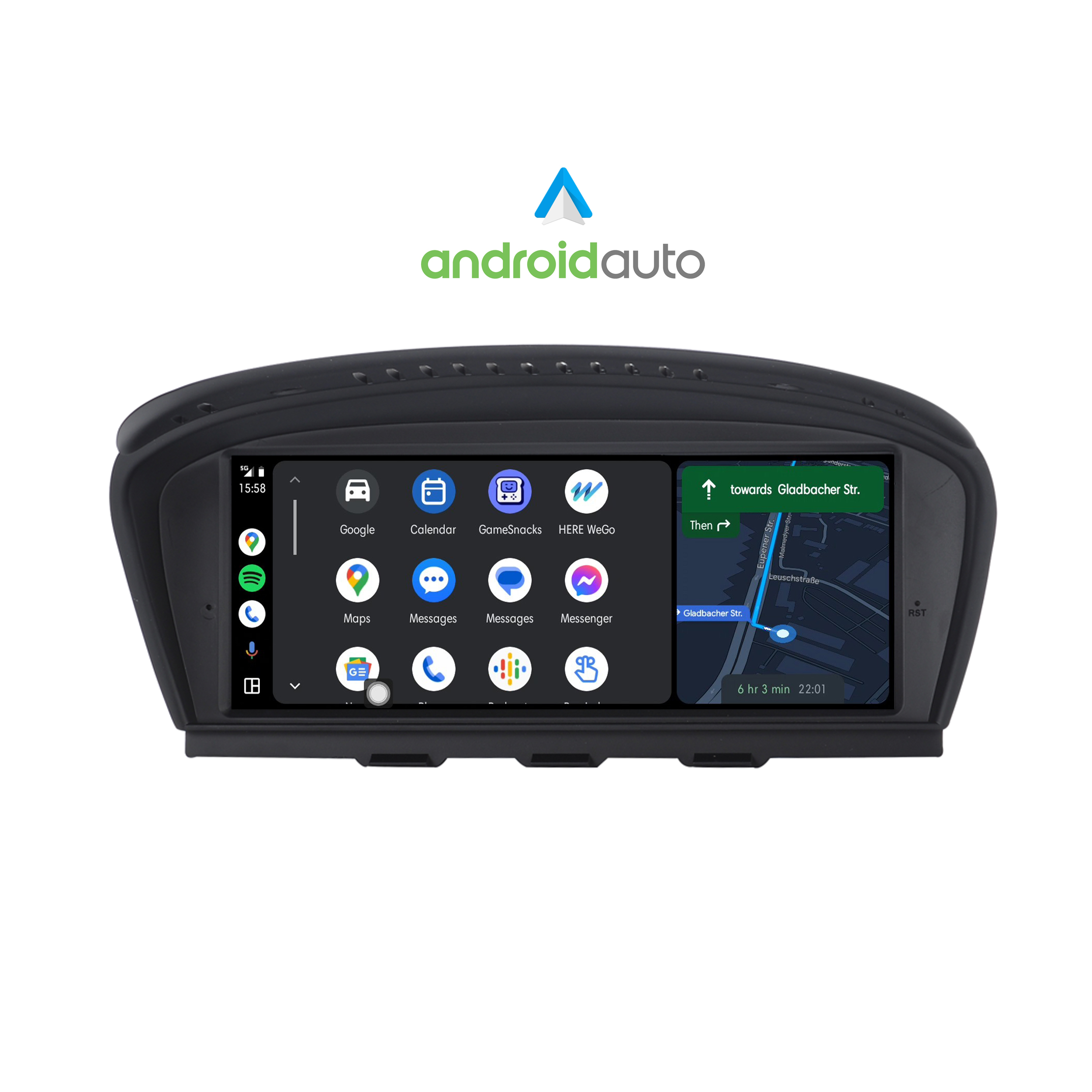 Auto-Infotainment-Bildschirm mit Navigation und App-Symbolen. Android Auto Logo oben.