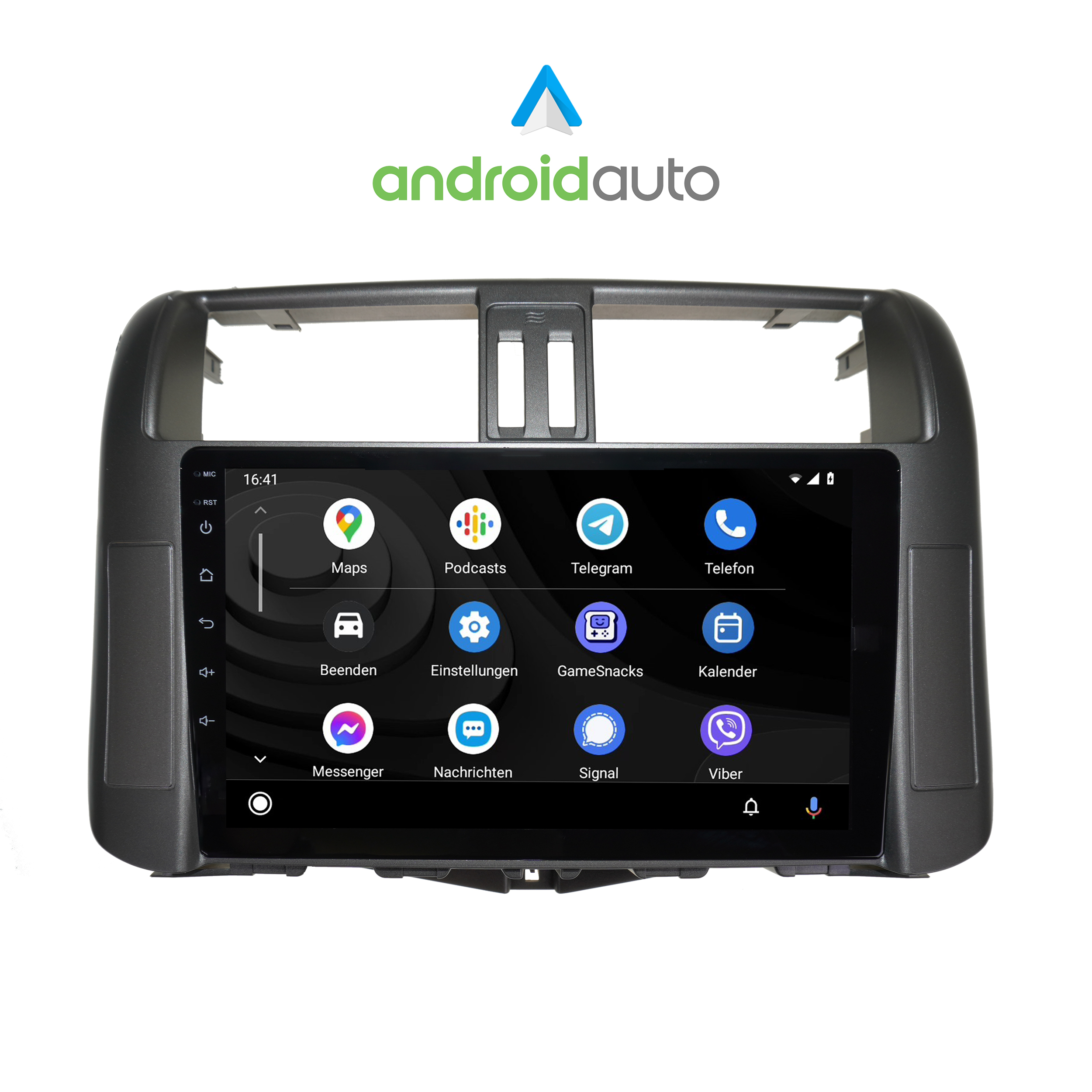 Auto-Infotainmentsystem mit Touchscreen. Zeigt App-Symbole: Karten, Podcasts, Messenger usw. Weißer Hintergrund.