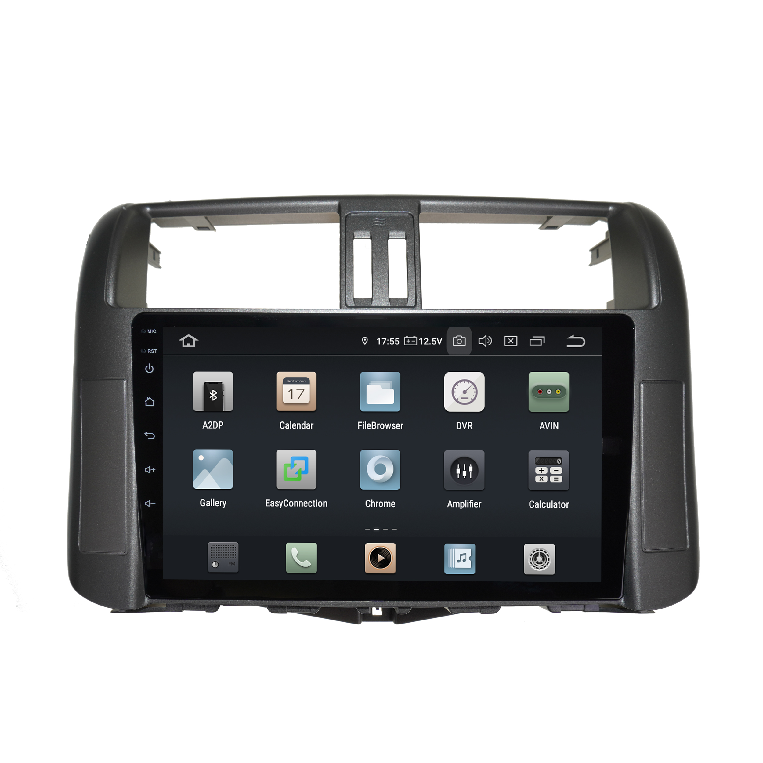 Ein Auto-Multimedia-System mit schwarzem Rahmen, Touchscreen und verschiedenen App-Symbolen auf weißem Hintergrund.