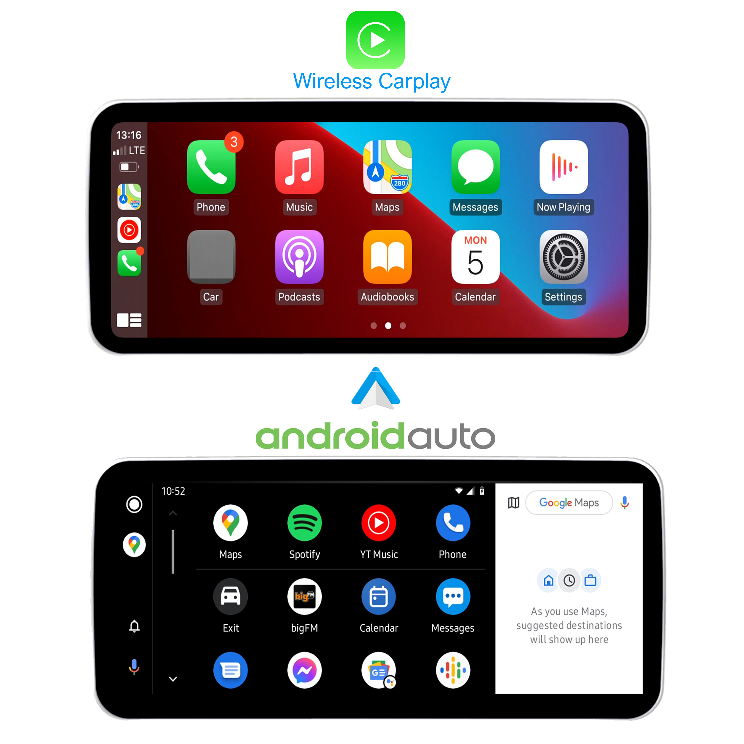 Bildschirme mit CarPlay- und Android Auto-Oberflächen, die App-Symbole und Navigationsoptionen zeigen.