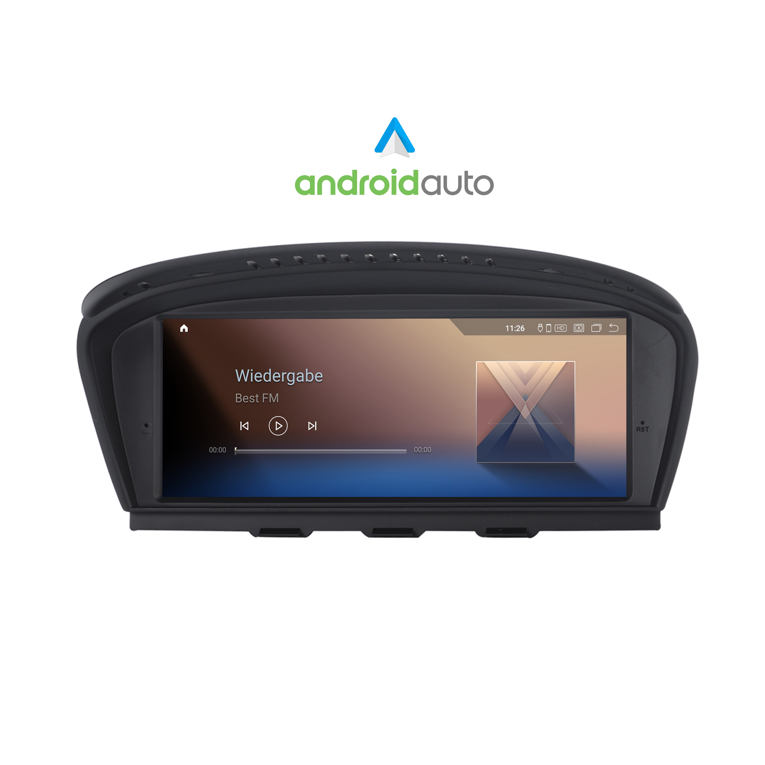 Auto-Multimedia-System mit Bildschirm. Zeigt Musikinfos. Android Auto Logo. Weißer Hintergrund.