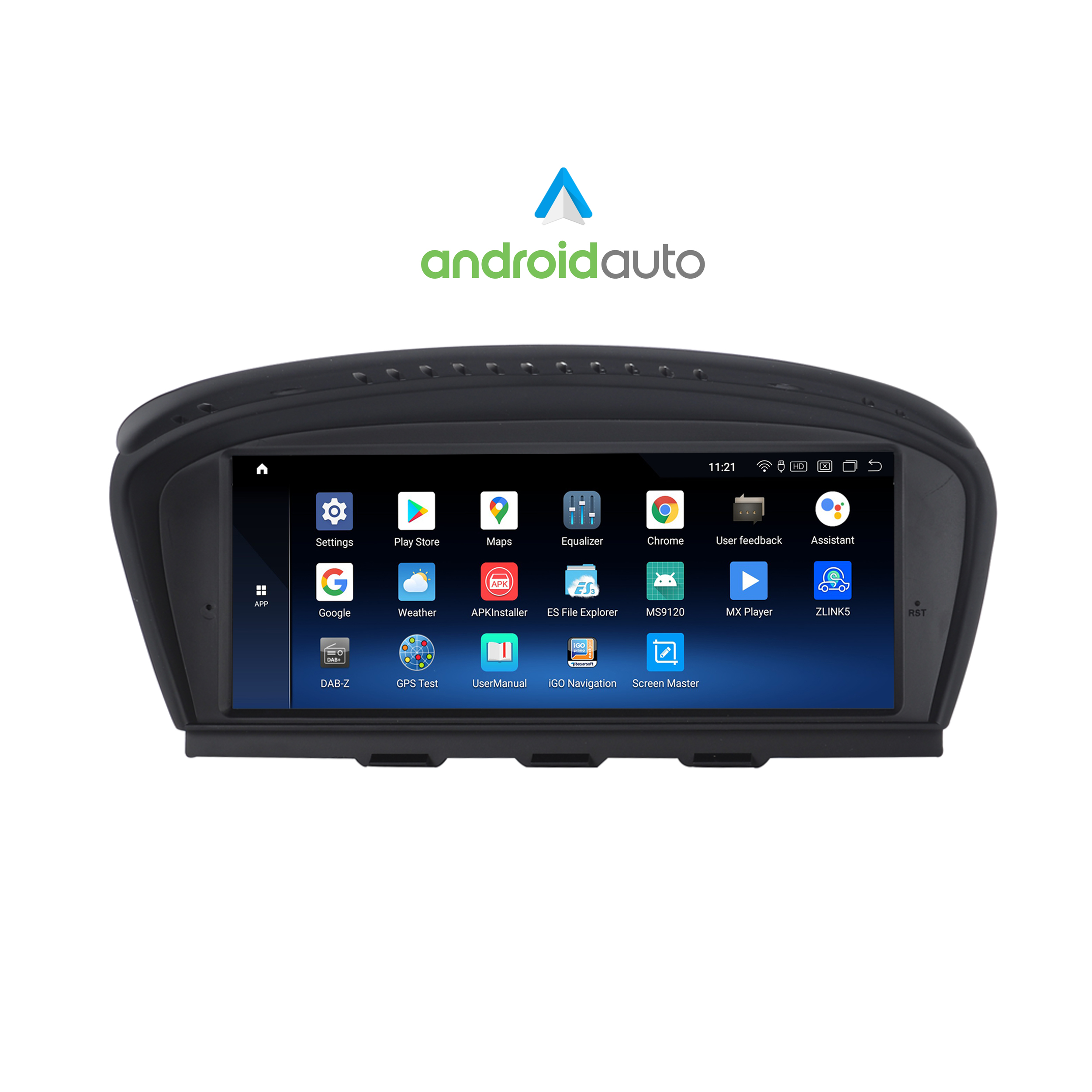 Ein schwarzes Autoradio mit großem Bildschirm, auf dem die Android Auto-Oberfläche angezeigt wird. Das Logo ist oben.
