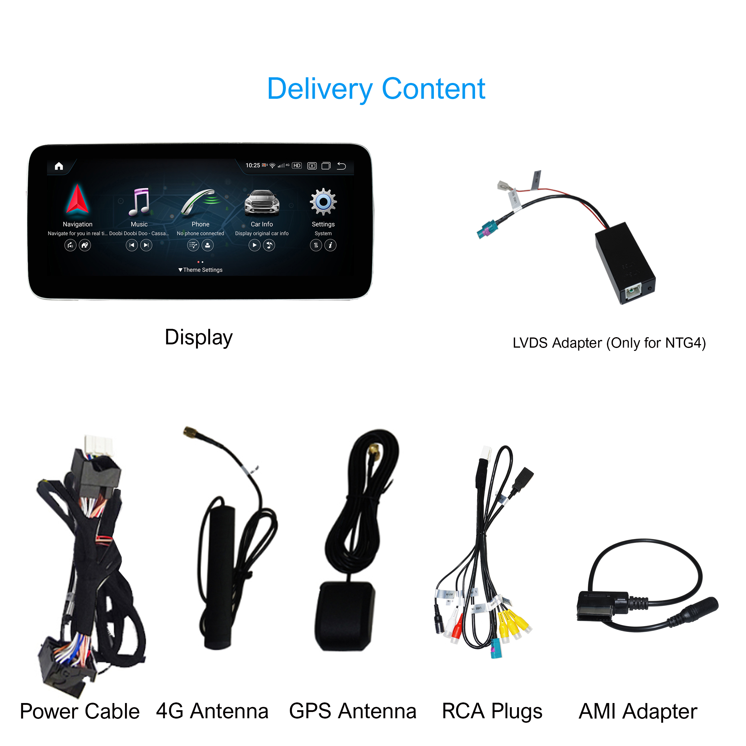 Verschiedene Auto-Audiokomponenten, darunter ein Display, ein Stromkabel, Antennen und Adapter.