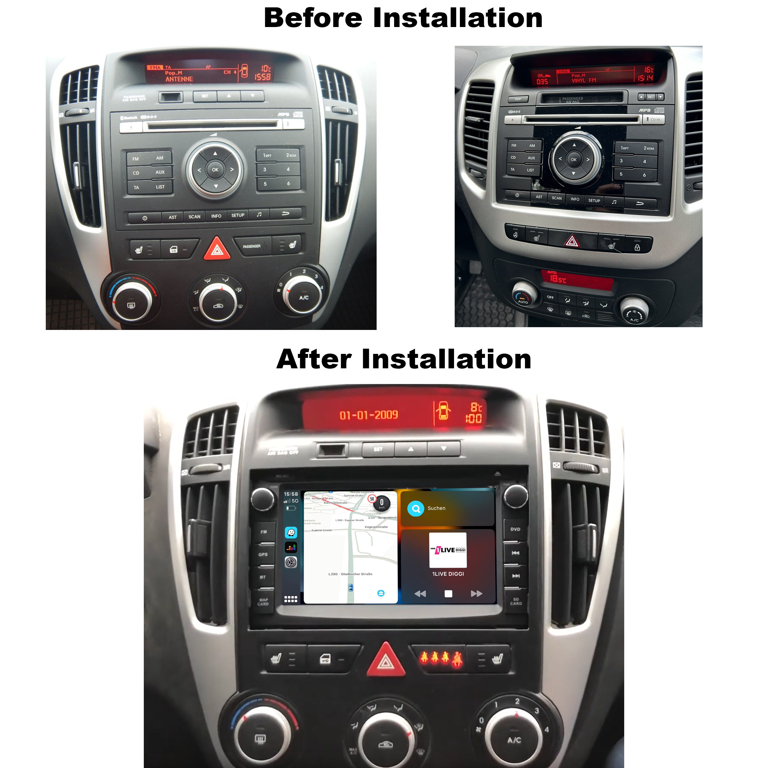 Autoradio vor und nach der Installation. Anzeige wurde auf Touchscreen geändert.