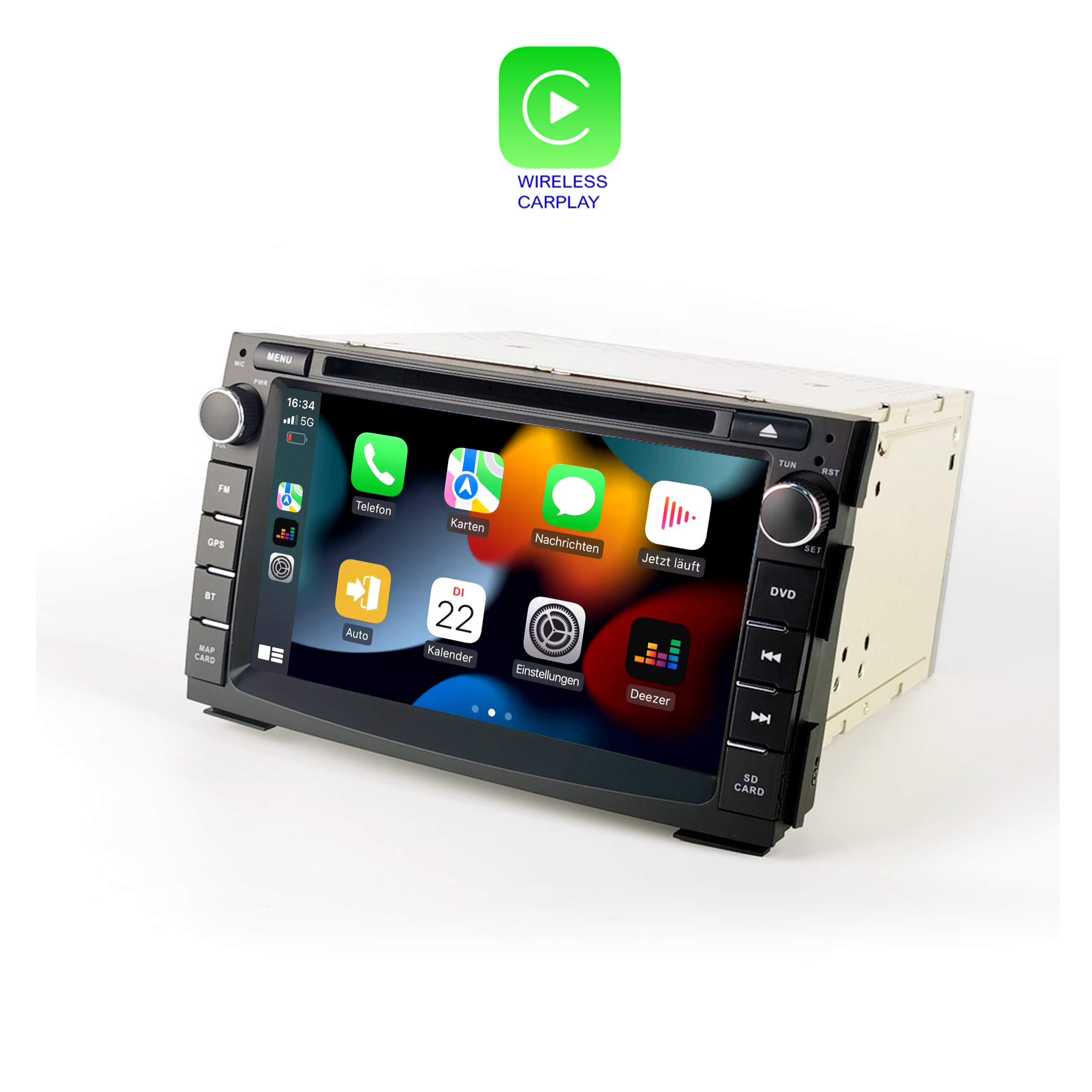 Auto-Multimedia-System mit Bildschirm, der App-Symbole anzeigt. Wireless CarPlay Logo oben.