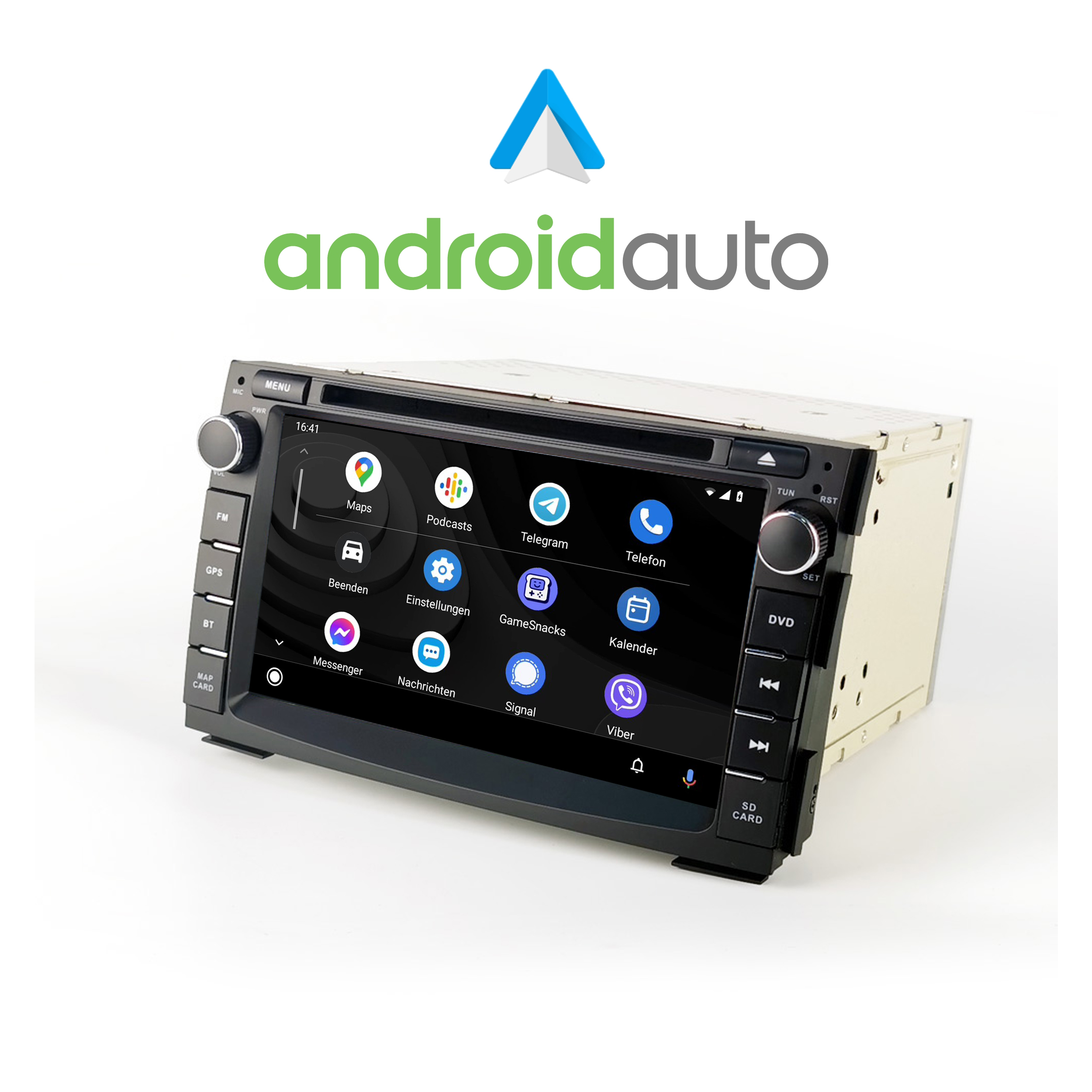 Ein Autoradio mit Android Auto-Logo. Das Radio hat einen Touchscreen und verschiedene App-Symbole auf dem Display.