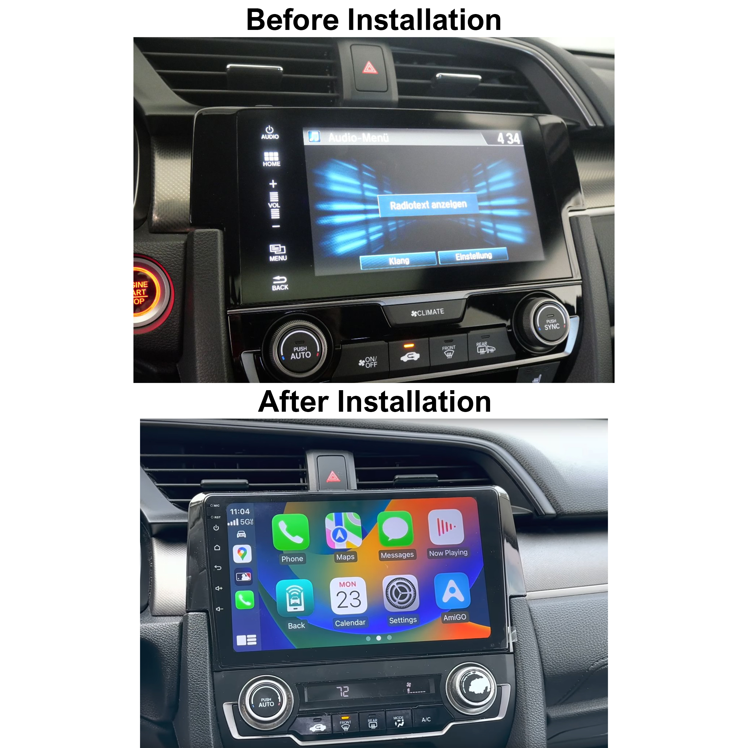 Fotos eines Armaturenbretts. Oben wird das Originaldisplay gezeigt, unten ein neues Display mit Apps.