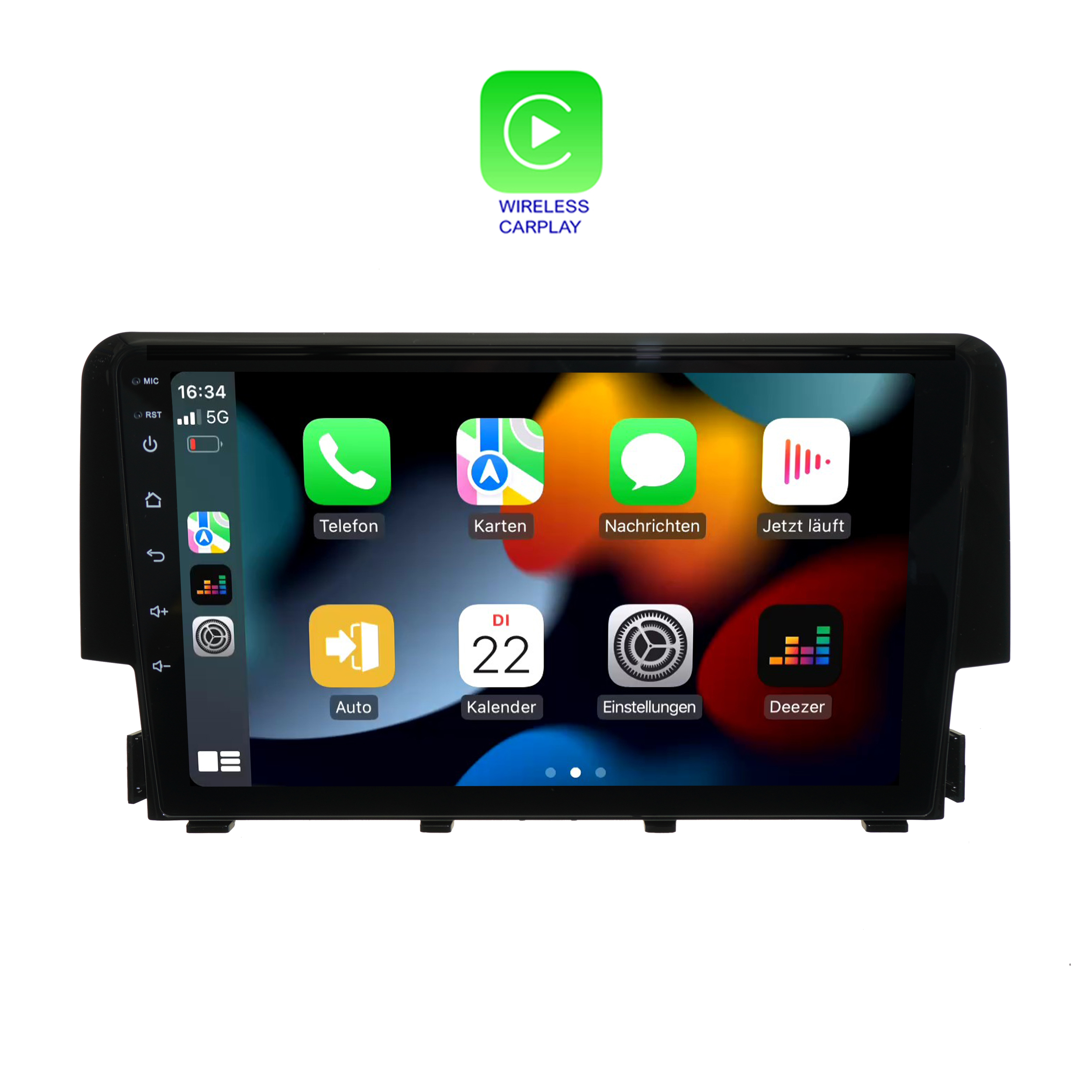 Auto-Infotainment-System-Bildschirm mit App-Symbolen, Uhrzeit und Kalender.