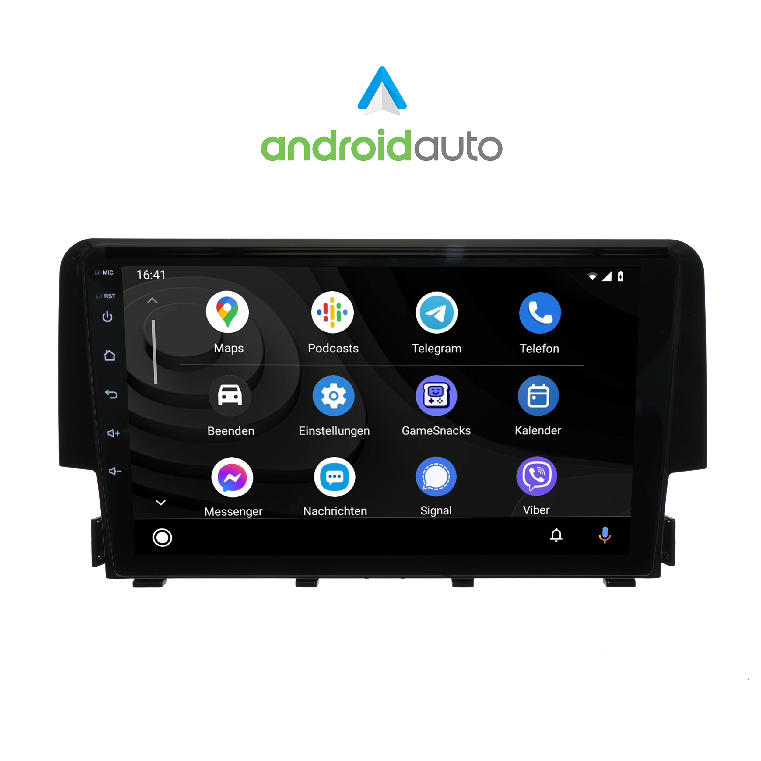 Auto-Armaturenbrett-Bildschirm mit Android Auto-Logo und App-Symbolen. Zeigt Uhrzeit und App-Optionen.
