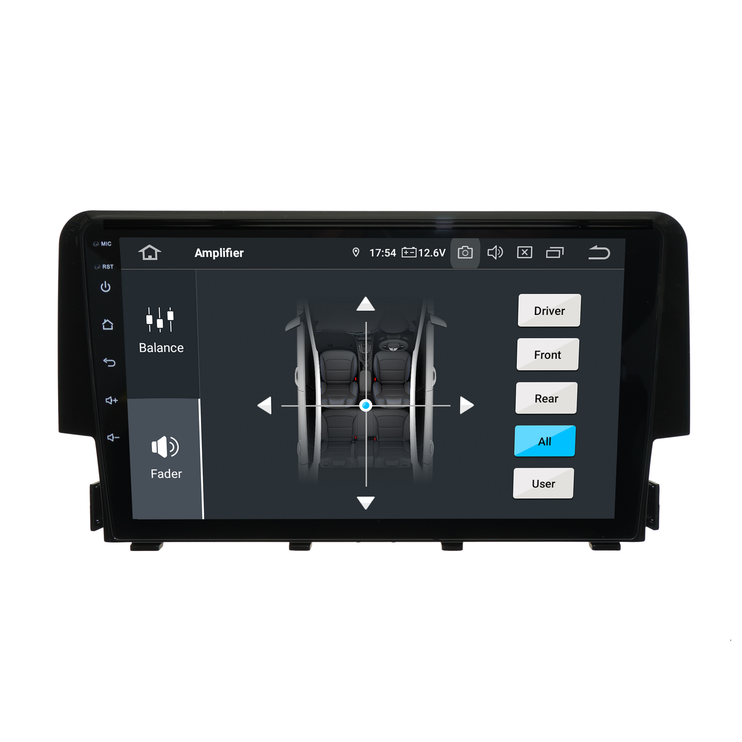 Auto-Multimedia-Systemoberfläche. Der Bildschirm zeigt Navigations- und Balance-Einstellungen.