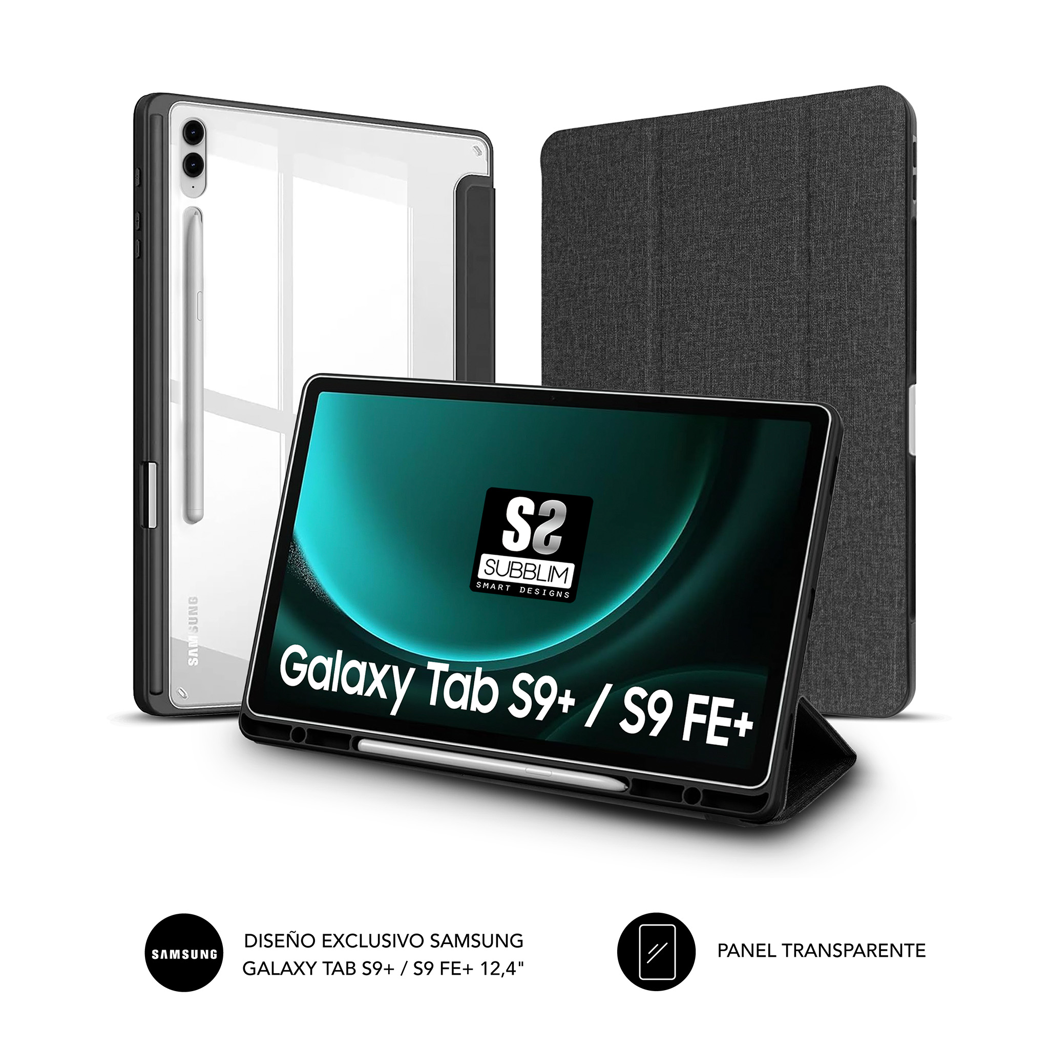 Tableta Samsung Galaxy Tab S9+ con funda y lápiz óptico, sobre fondo blanco.