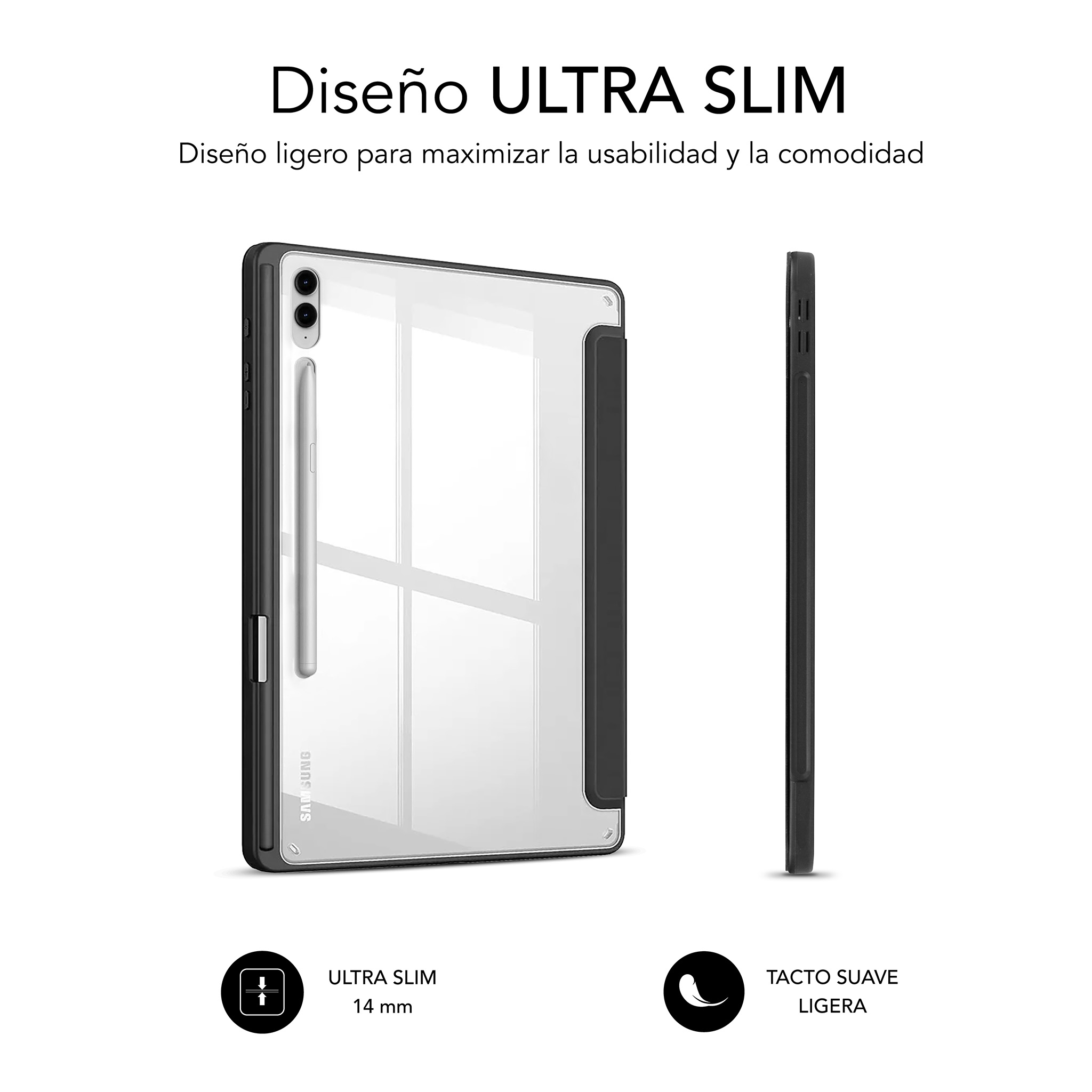 Una funda de tableta, negra con cubierta transparente. El texto dice 'Ultra Slim' y 'Tacto Suave'.