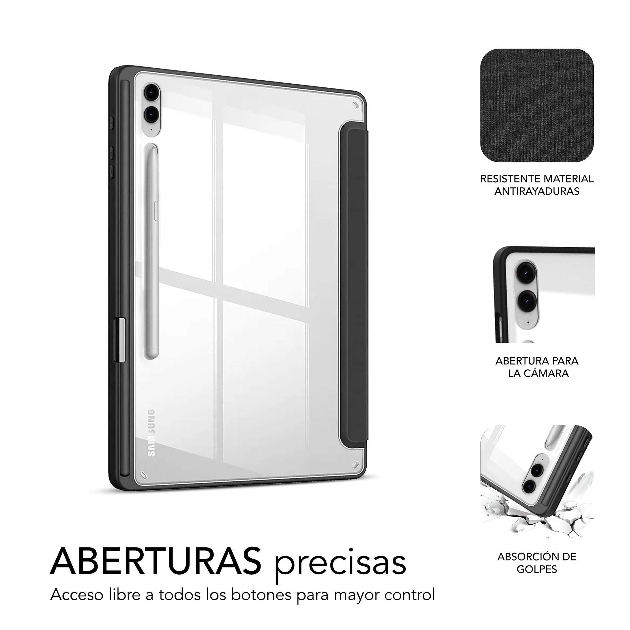Funda para tableta con cubierta transparente, marco negro y lápiz. La funda está sobre un fondo blanco.