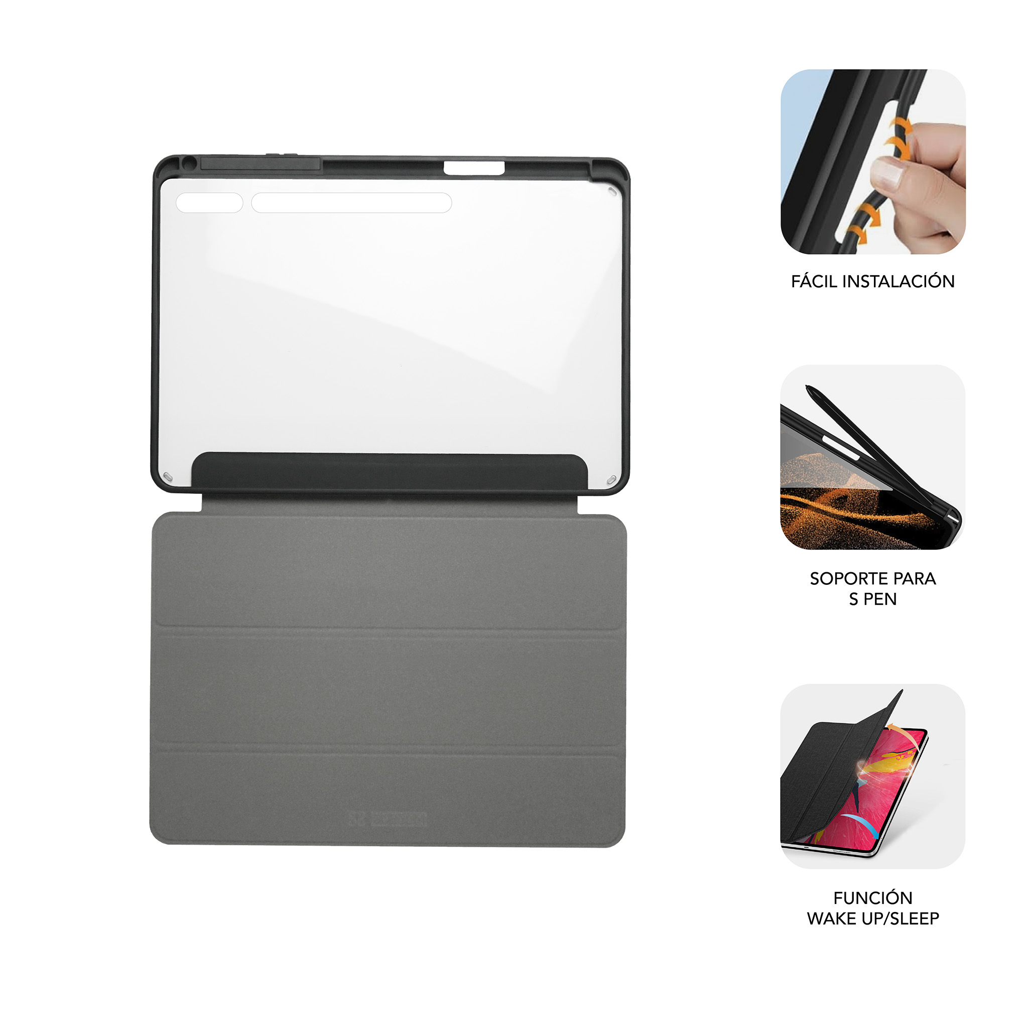 Una funda de tableta gris con tableta abierta e iconos de funciones.