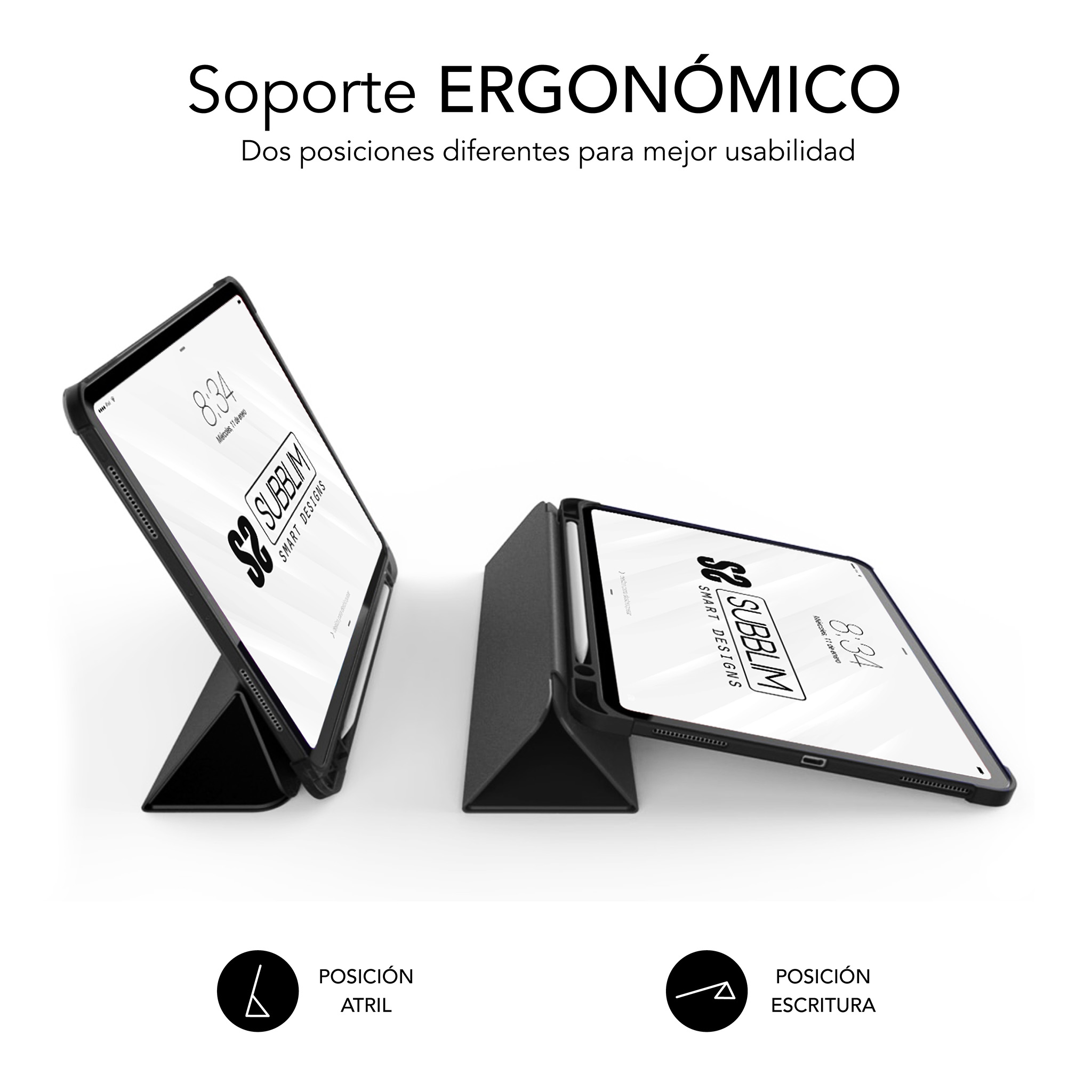 Tableta en dos posiciones: de pie y escribiendo con una funda.