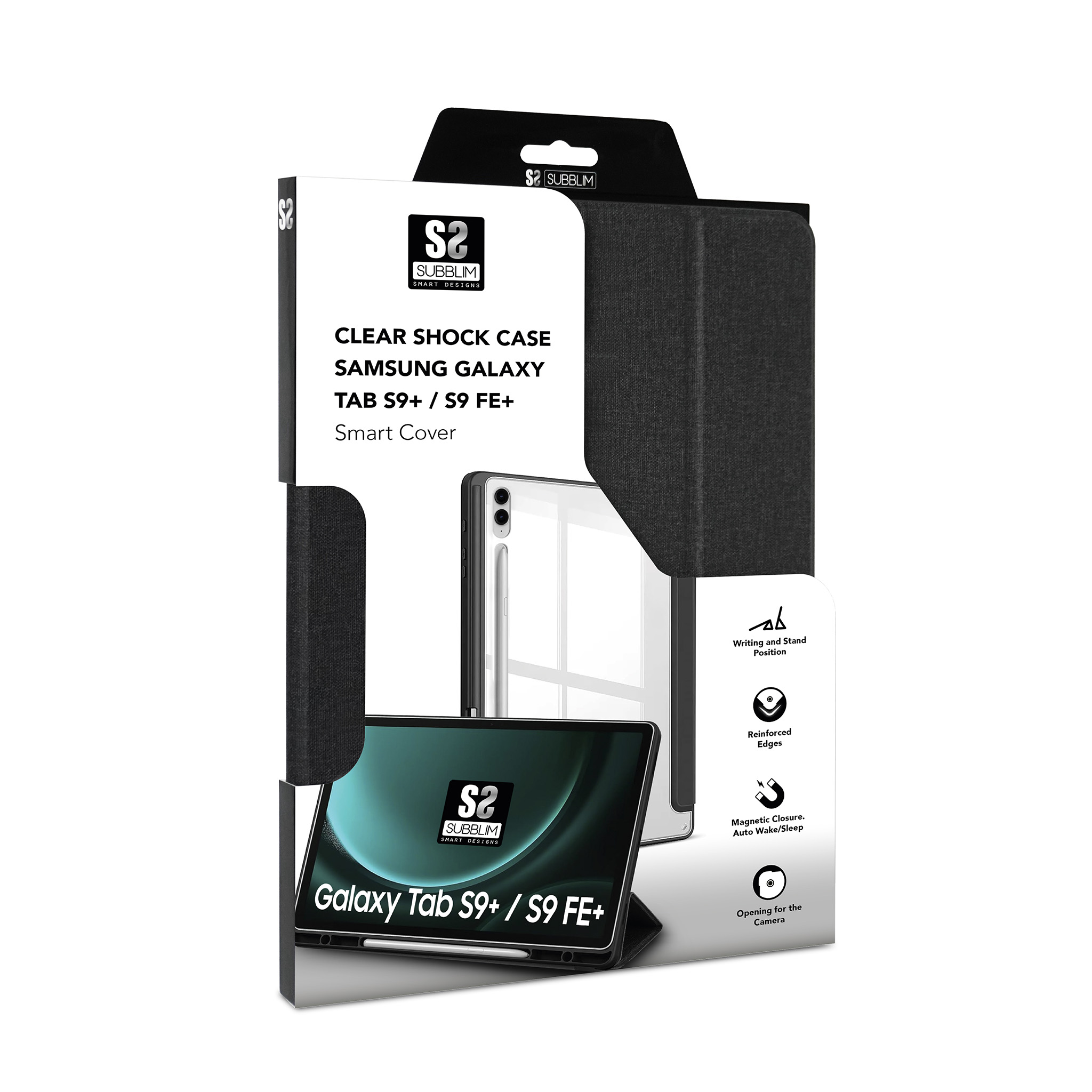Funda transparente antichoque en caja para Samsung Galaxy Tab S9+/S9 FE+, con imagen de tableta.