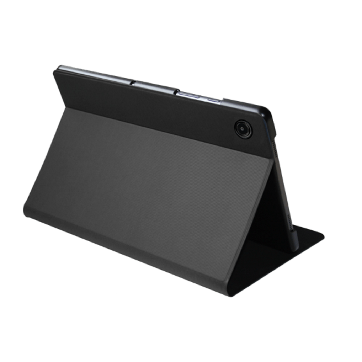Una tableta negra con una funda gris oscura en posición vertical.
