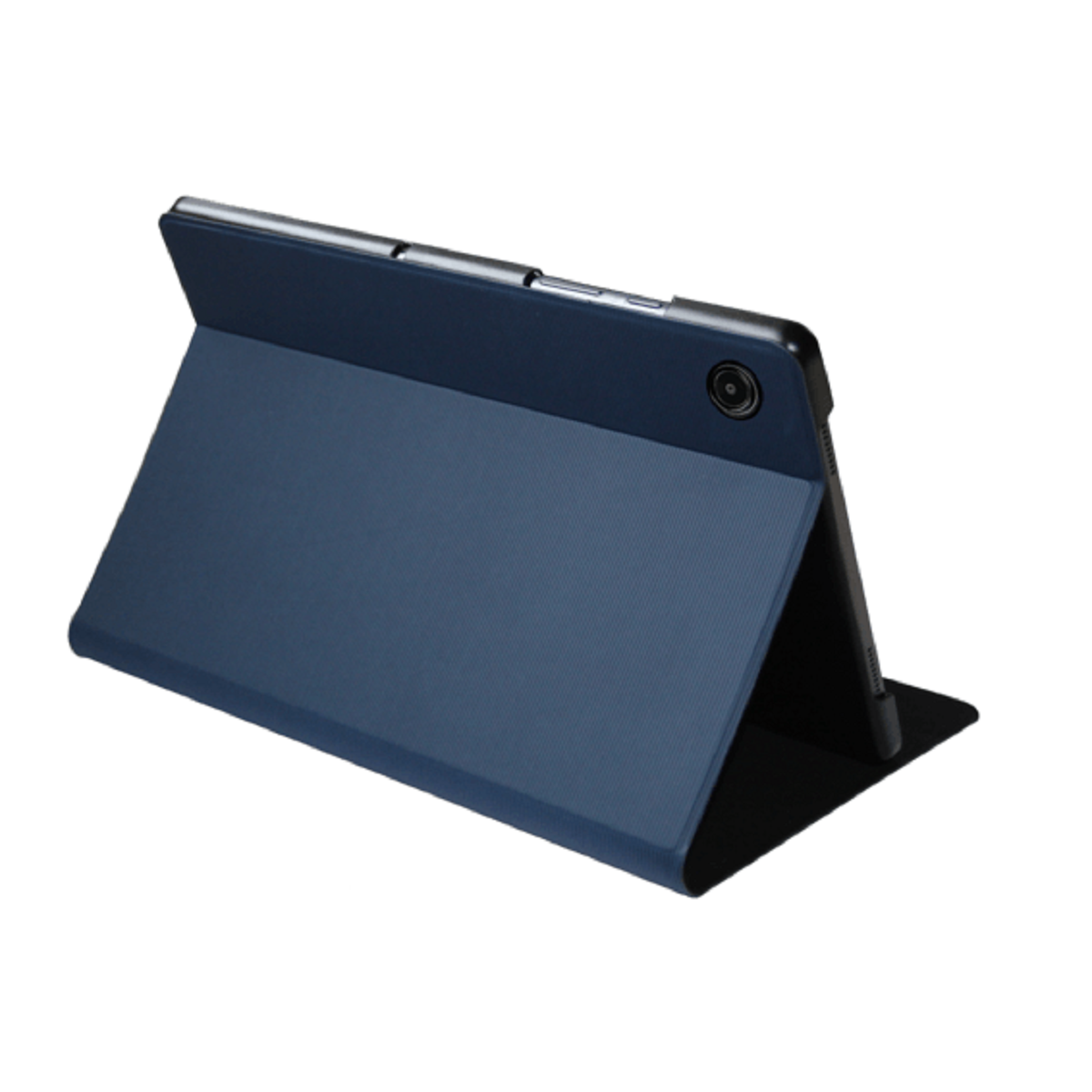 Tableta con una cubierta azul de pie.