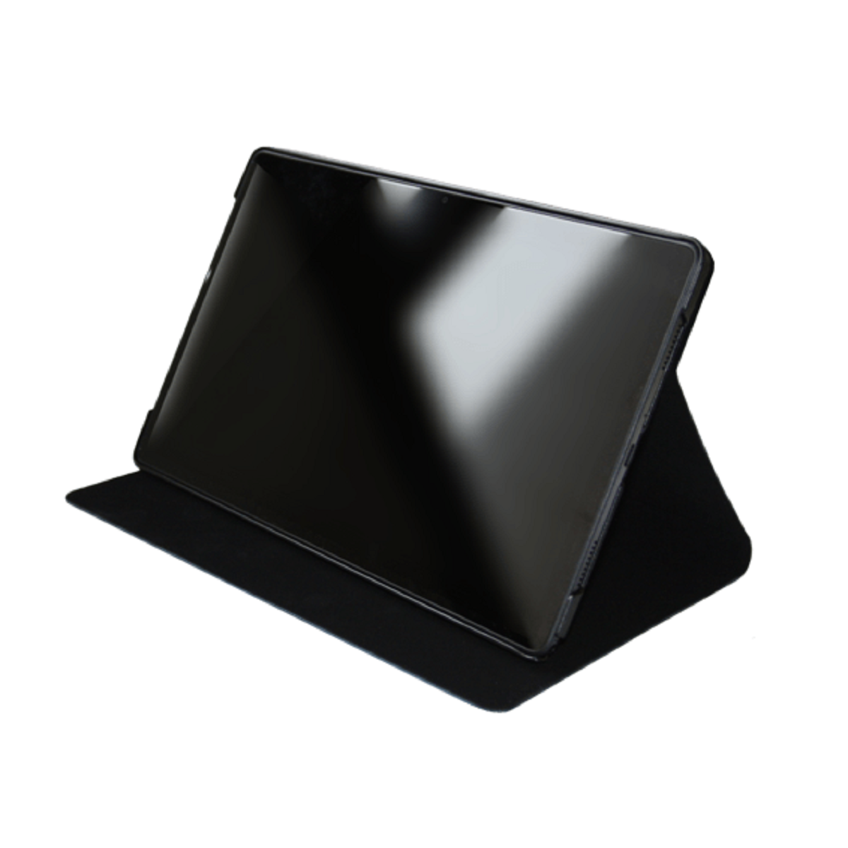 Una tableta negra en una funda negra, en ángulo sobre un fondo blanco.