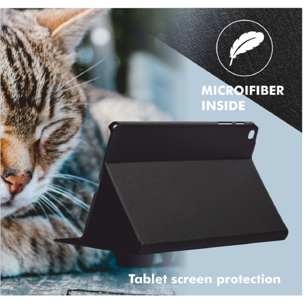 Funda negra para tableta con gráfico de gato. Texto: Microfibra interior, protección de pantalla.